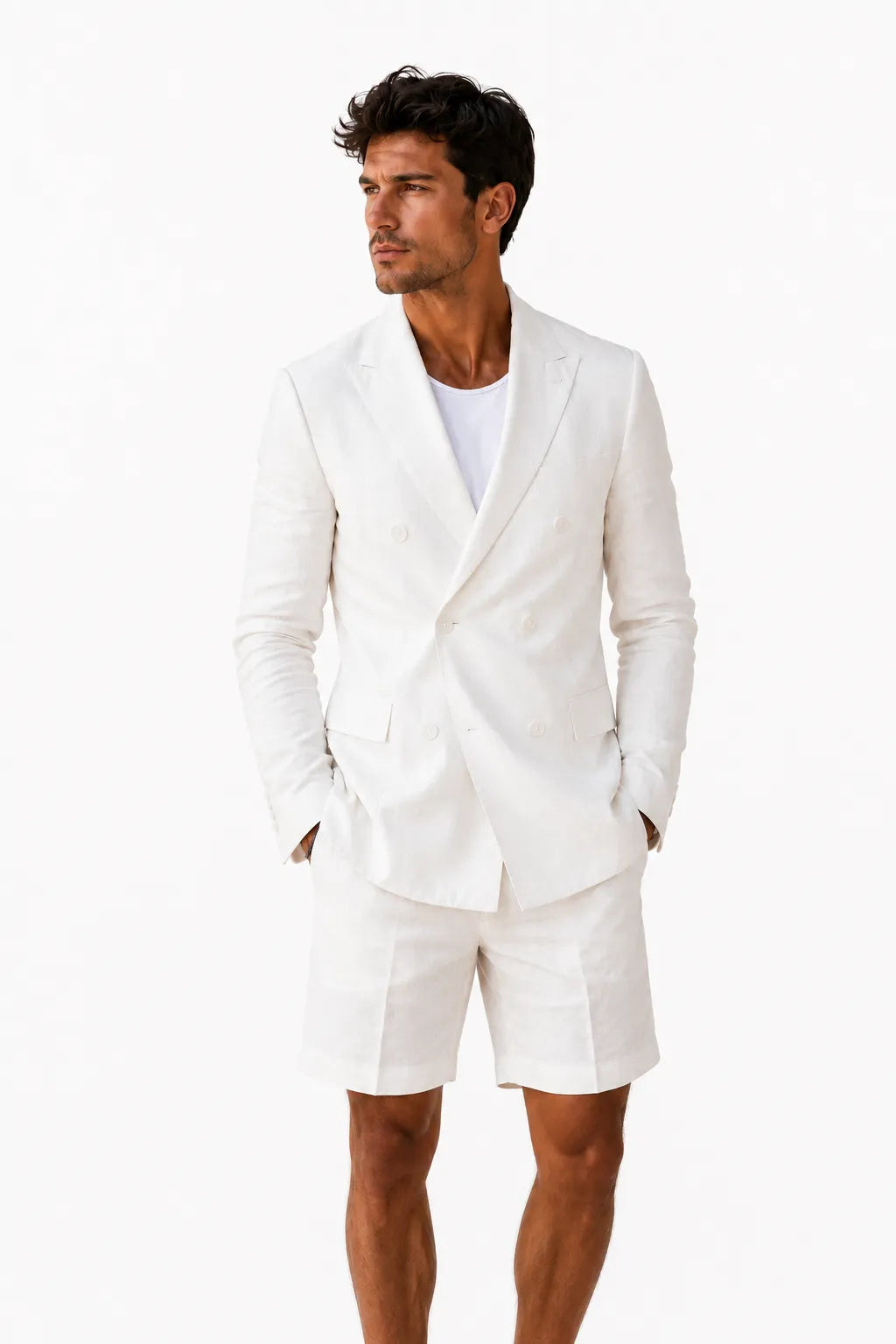 Men's Linen Double-Breasted Shorts 2 Piece Suit