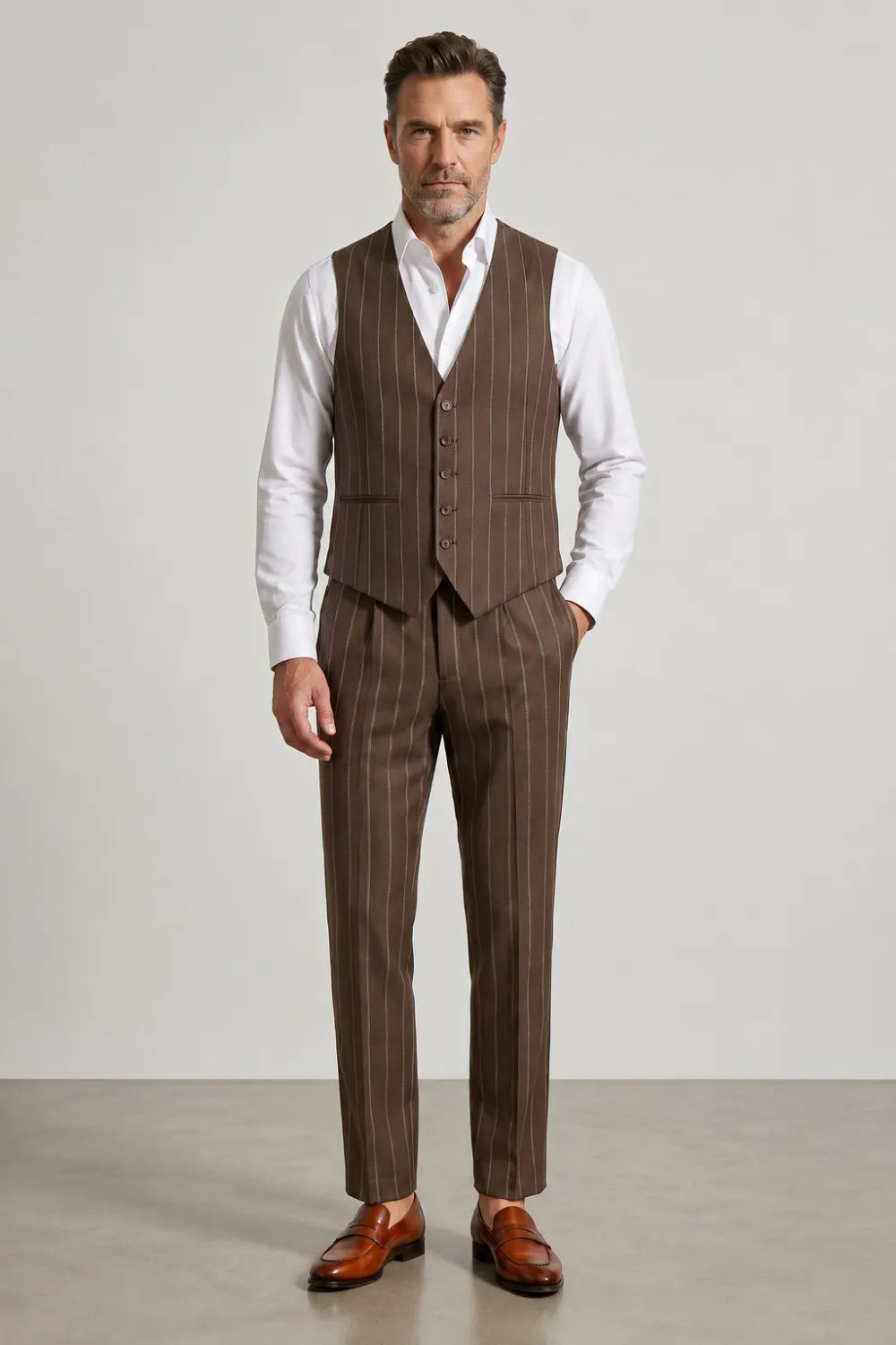 Men's Brown Pinstripe Single Breasted 3 Piece Suit