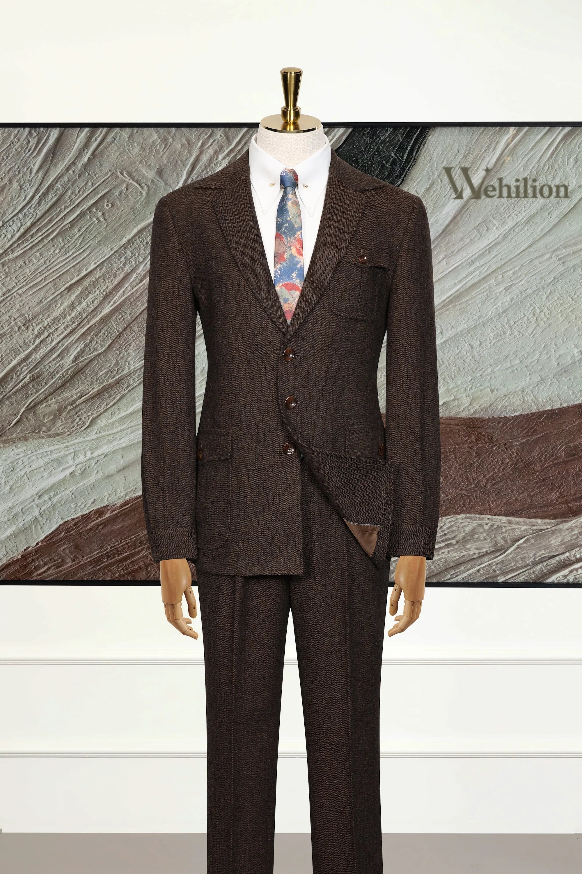 Men's Brown Wool Herringbone 2 Piece Suits