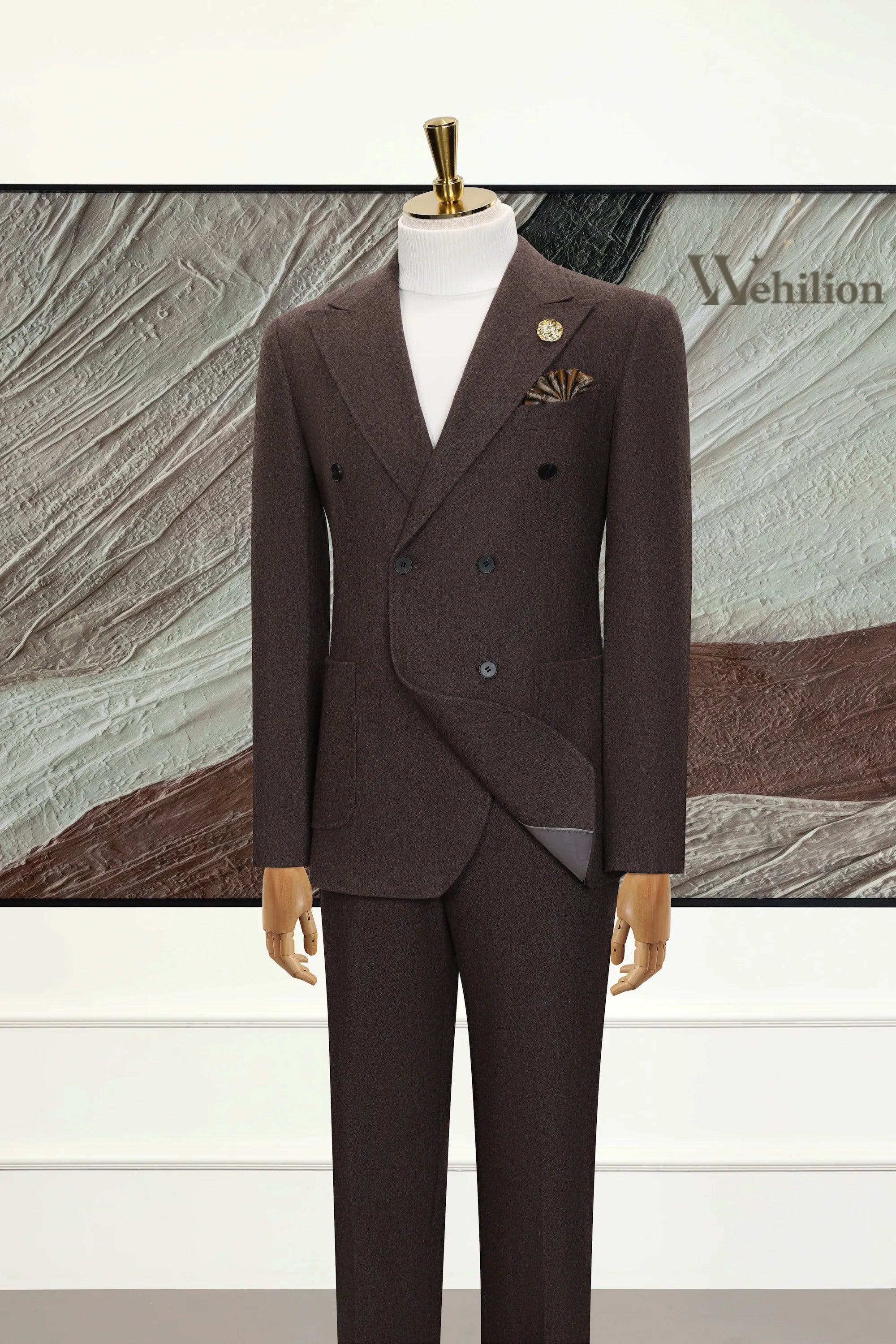 Men's Brown Double-breasted Woolen 2 Piece Suits