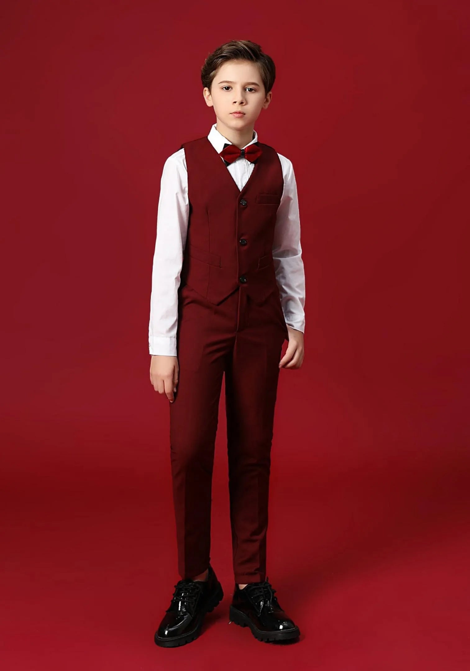 Wehilion holiday boys suit 5-piece in burgundy with vest, shirt, and bow tie for special occasions