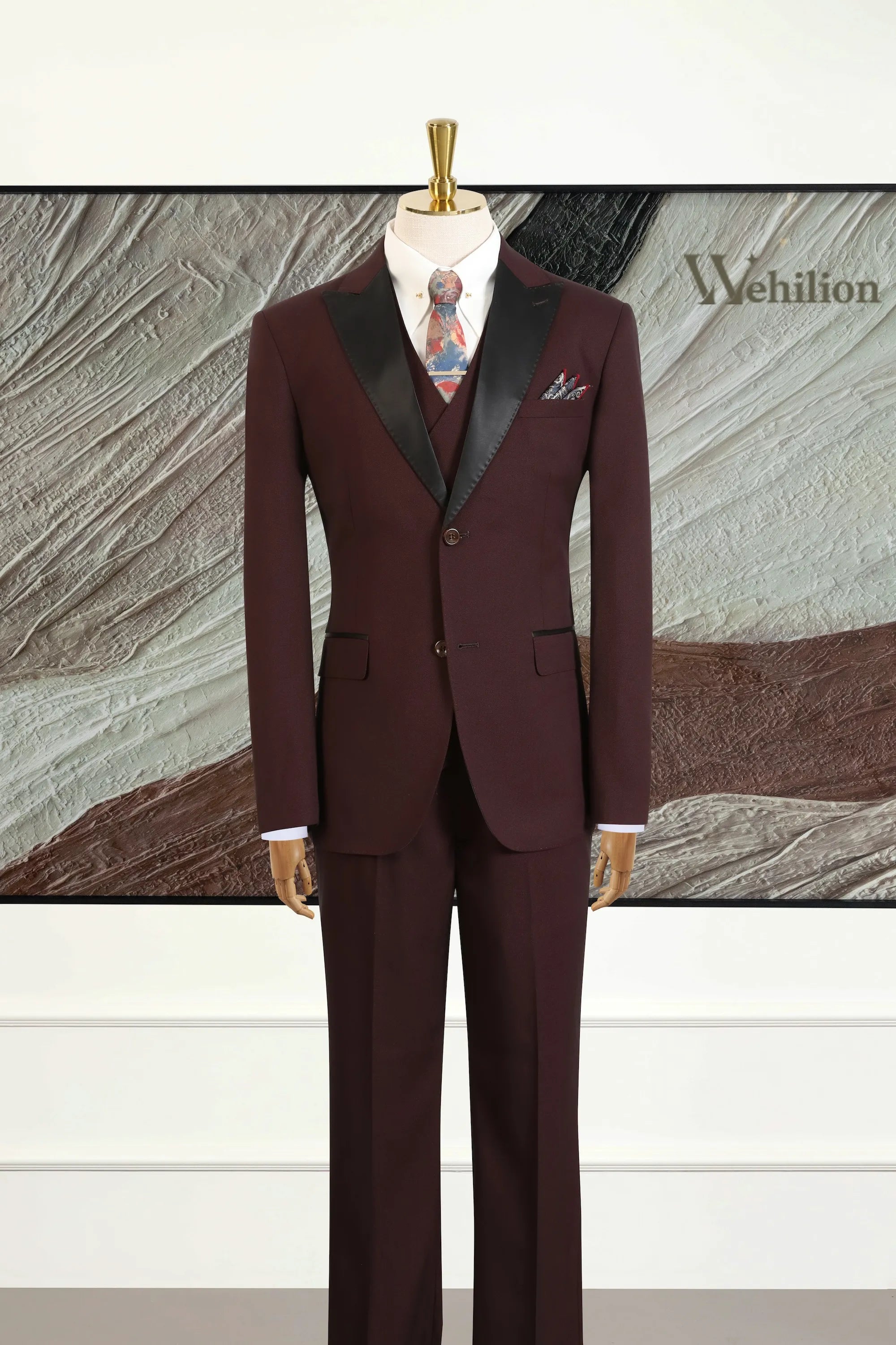 Men's Burgundy Peaked Lapel 3 Piece Suits