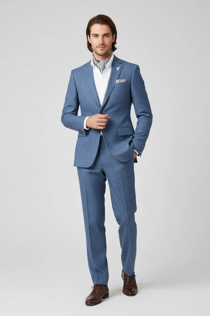 Men's Blue Plaid Wool 2 Piece Suit