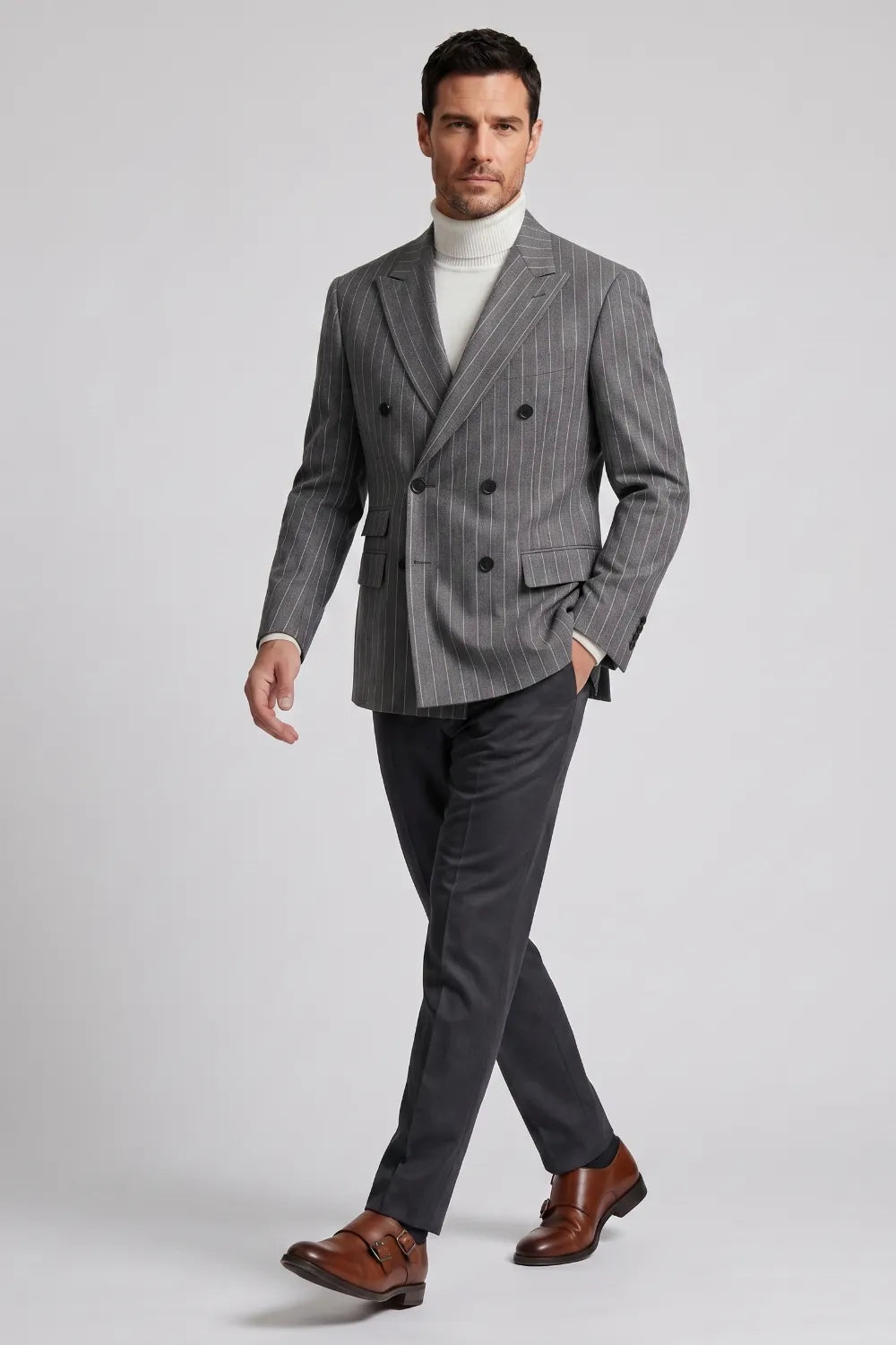 Men's Grey Pinstripe Double Breasted 2-Piece Suit