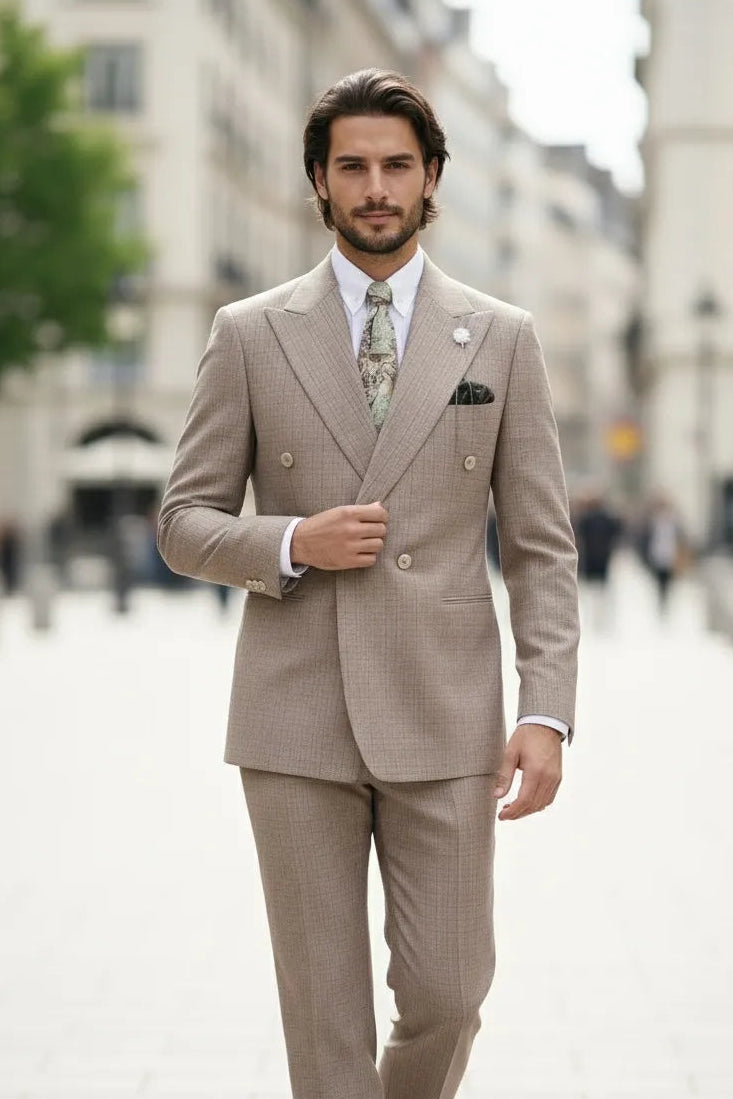 Men's Khaki Double-Breasted 2 Piece Suits