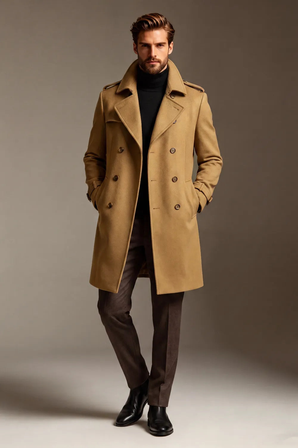 Men's Camel Double Breasted Wool Blend Long Trench Coat