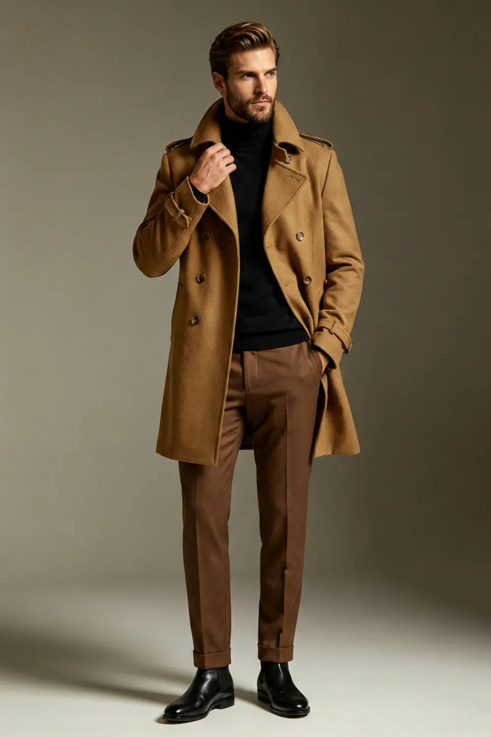 Men's Camel Double Breasted Wool Blend Long Trench Coat