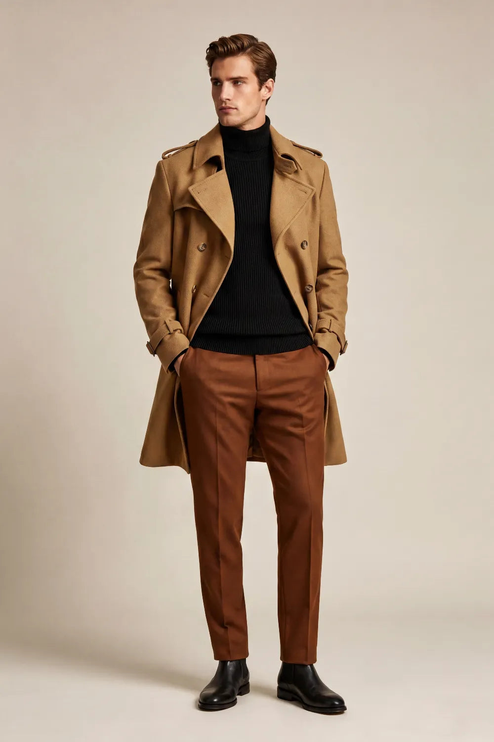 Men's Camel Double Breasted Wool Blend Long Trench Coat