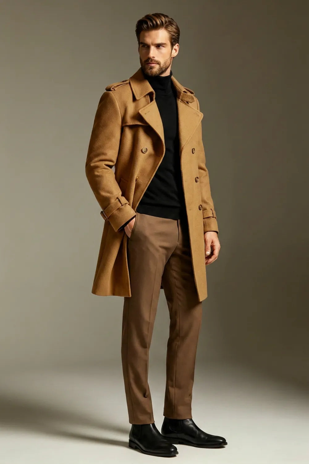 Men's Camel Double Breasted Wool Blend Long Trench Coat