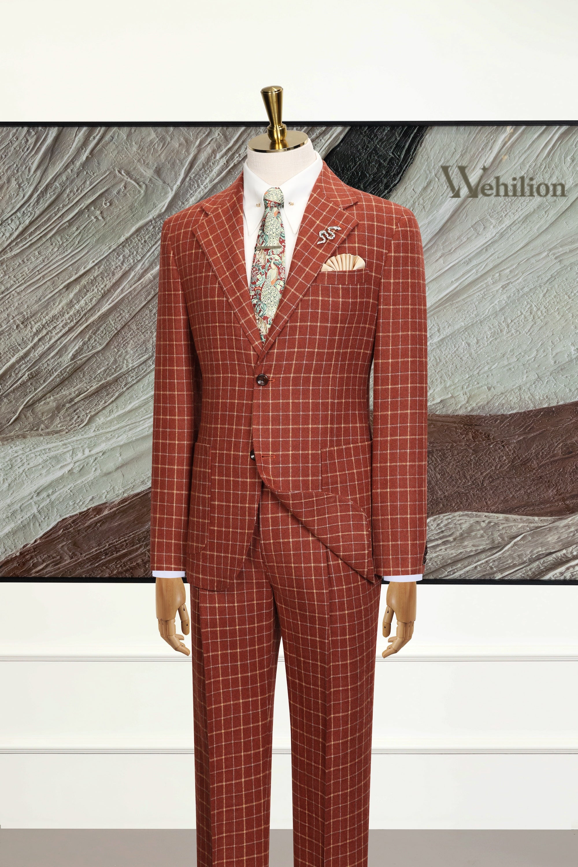 Men's Modern Plaid Herringbone 2 Piece Suit
