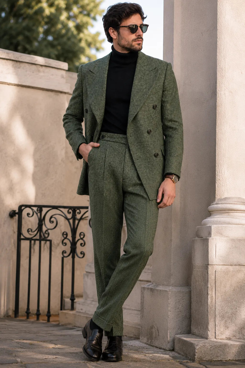Men's Olive Herringbone Double Breasted 2 Piece Suit