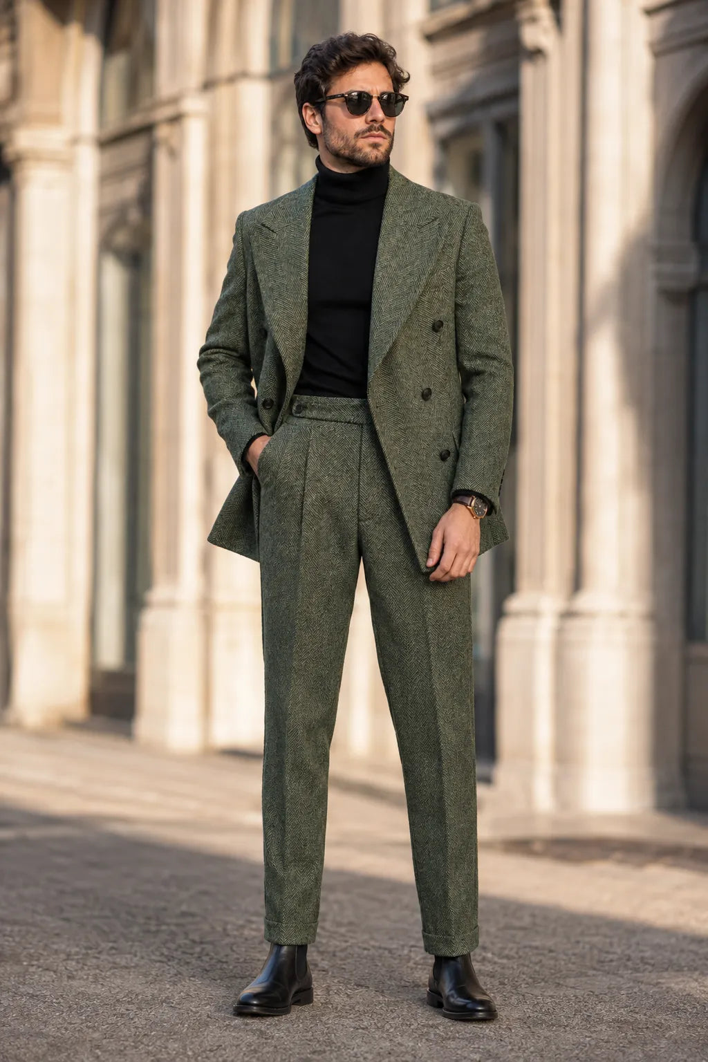 Men's Olive Herringbone Double Breasted 2 Piece Suit