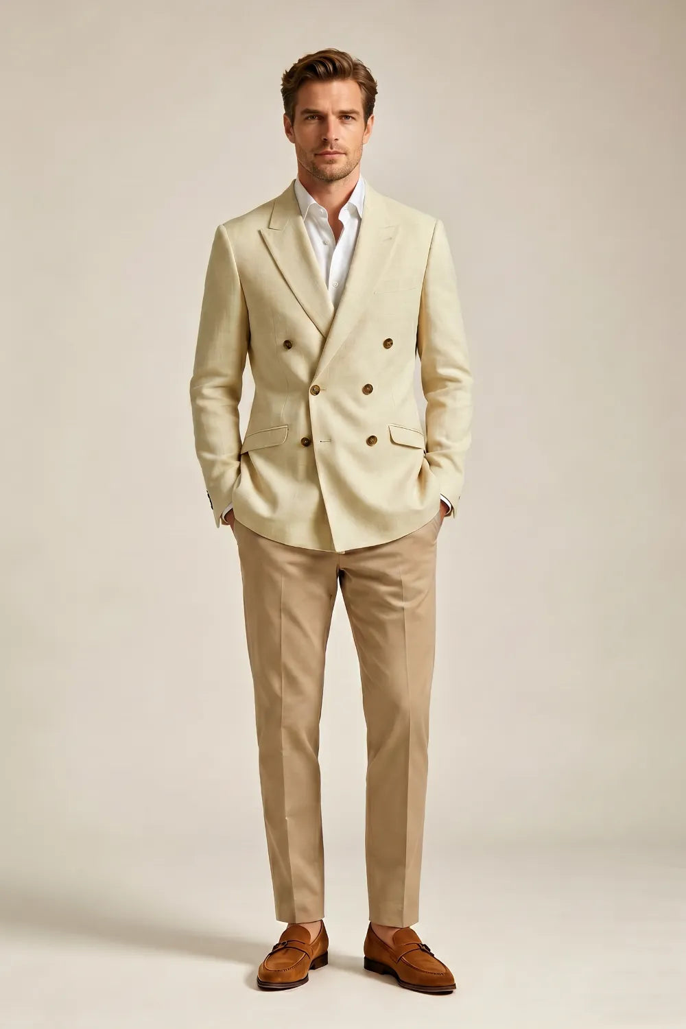 Men's Cream Double Breasted Peak Lapel 2-Piece Suit