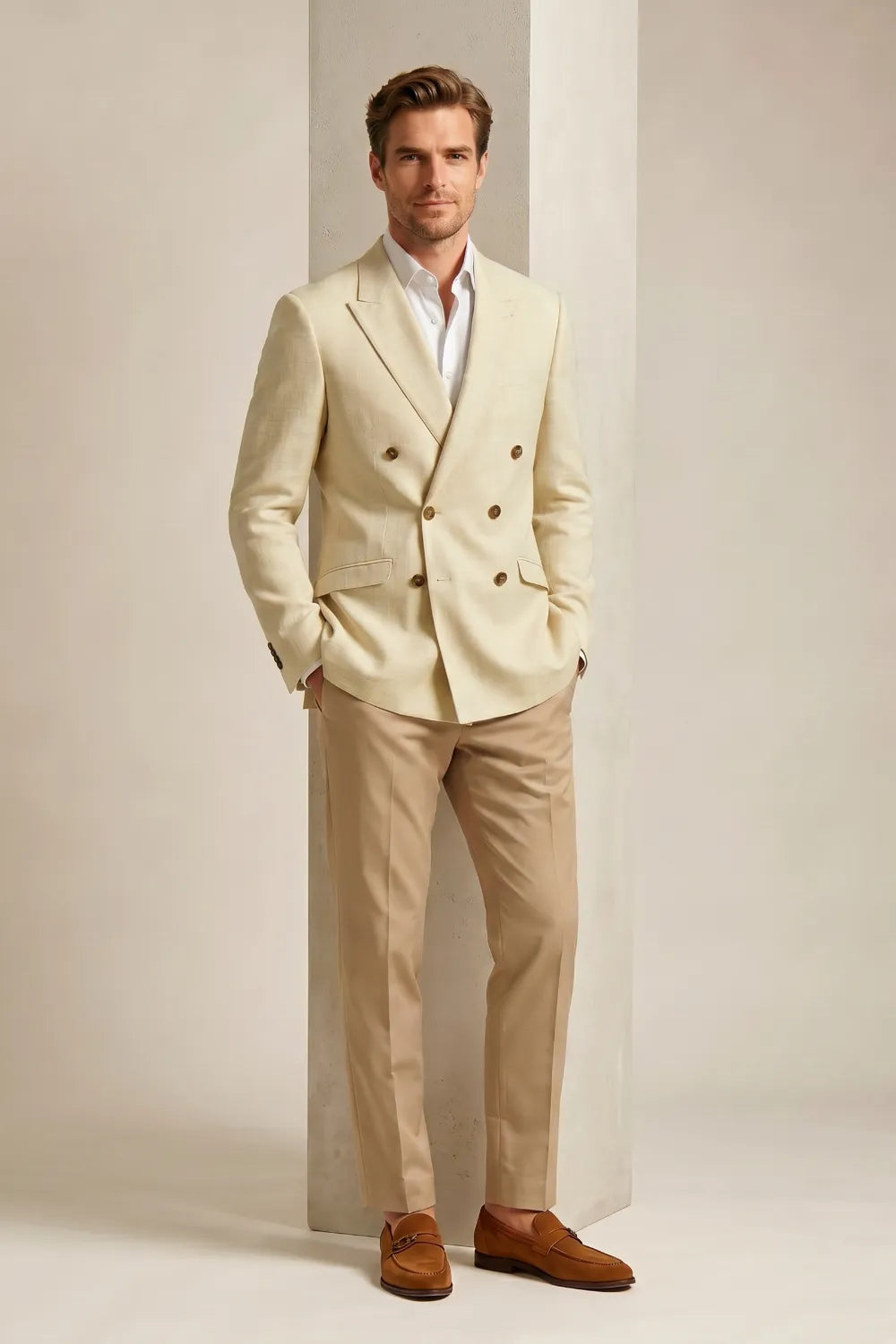 Men's Cream Double Breasted Peak Lapel 2-Piece Suit