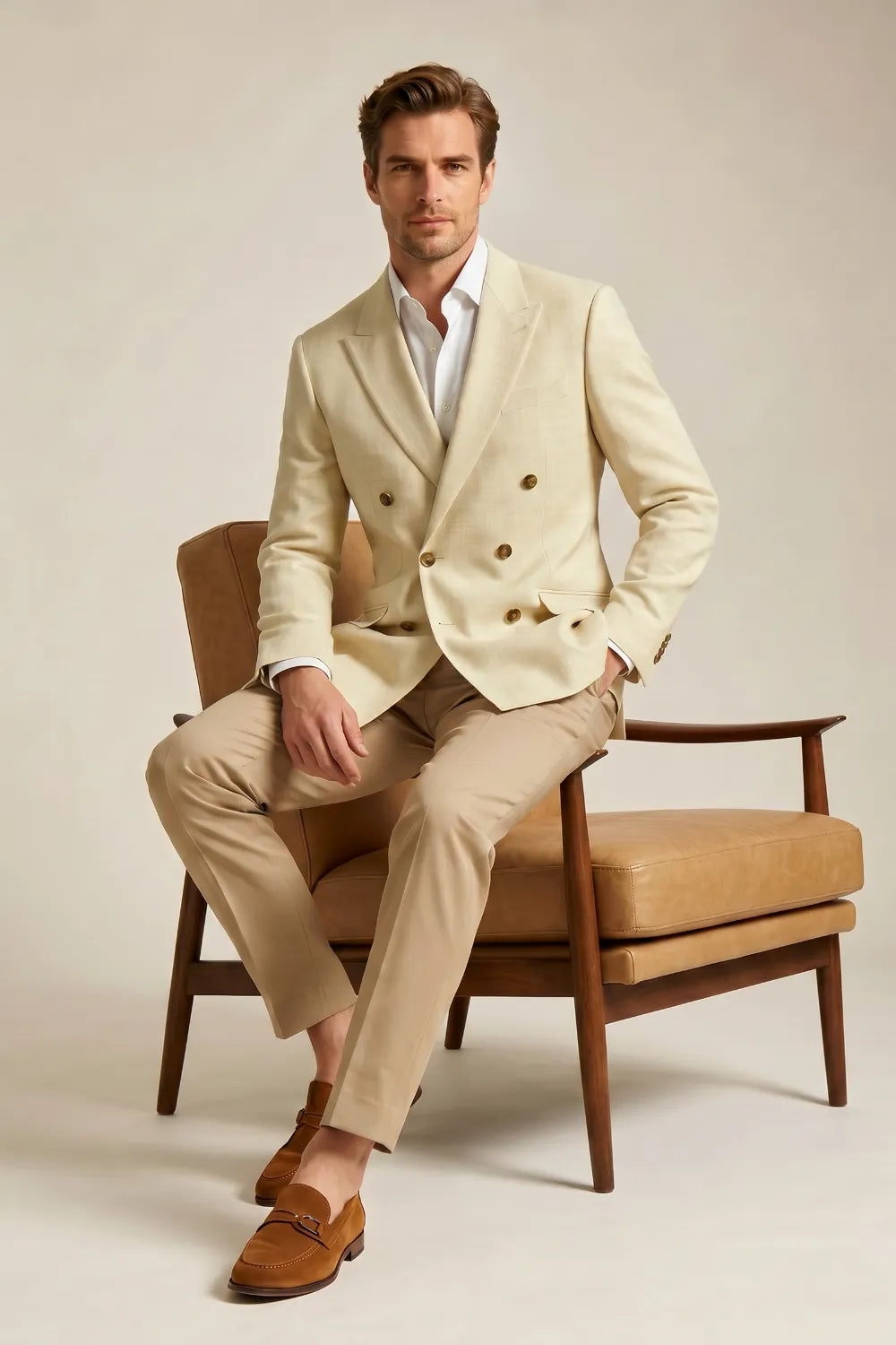 Men's Cream Double Breasted Peak Lapel 2-Piece Suit