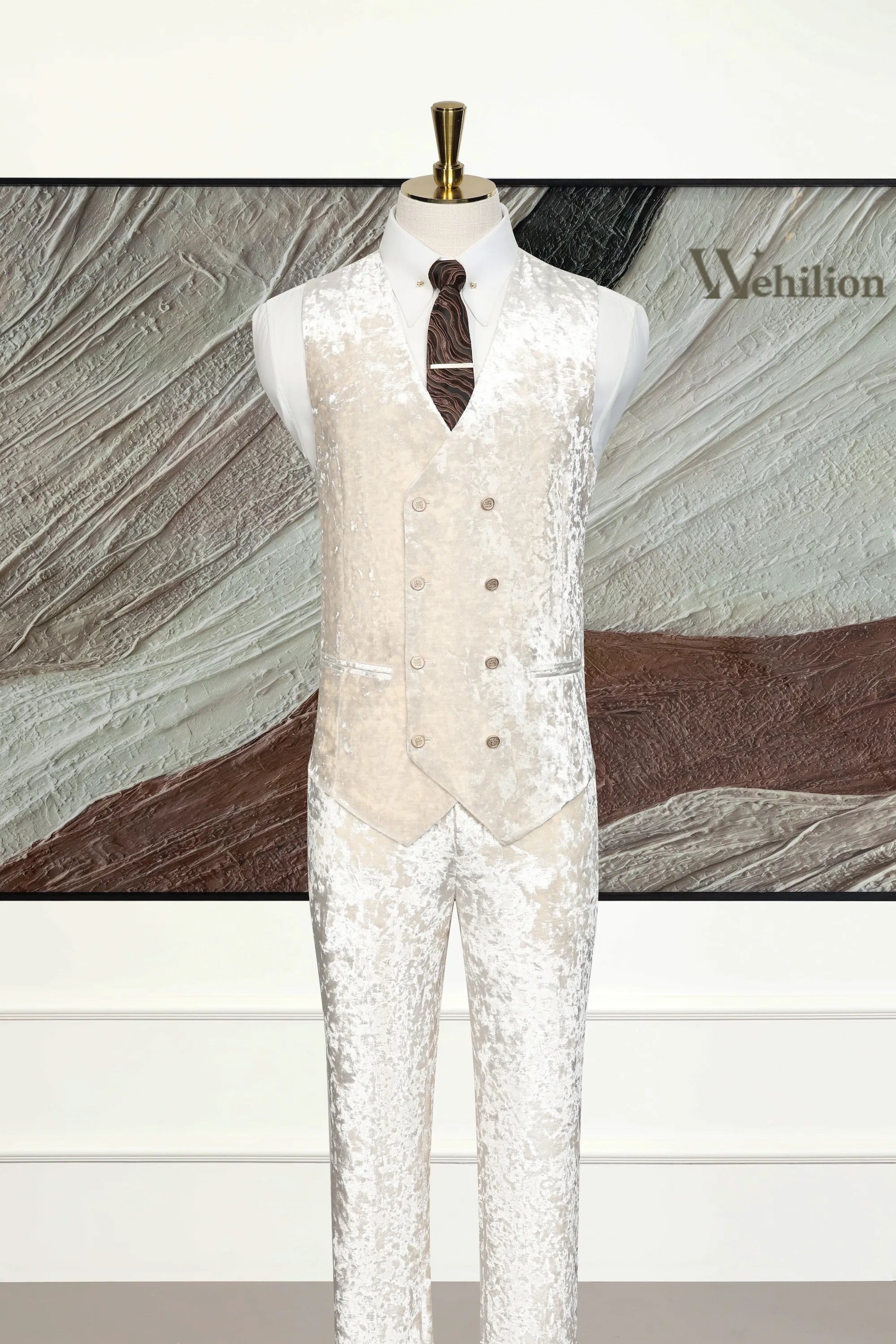 Men's Champagne Velvet Shawl Lapel 3 Piece Suit