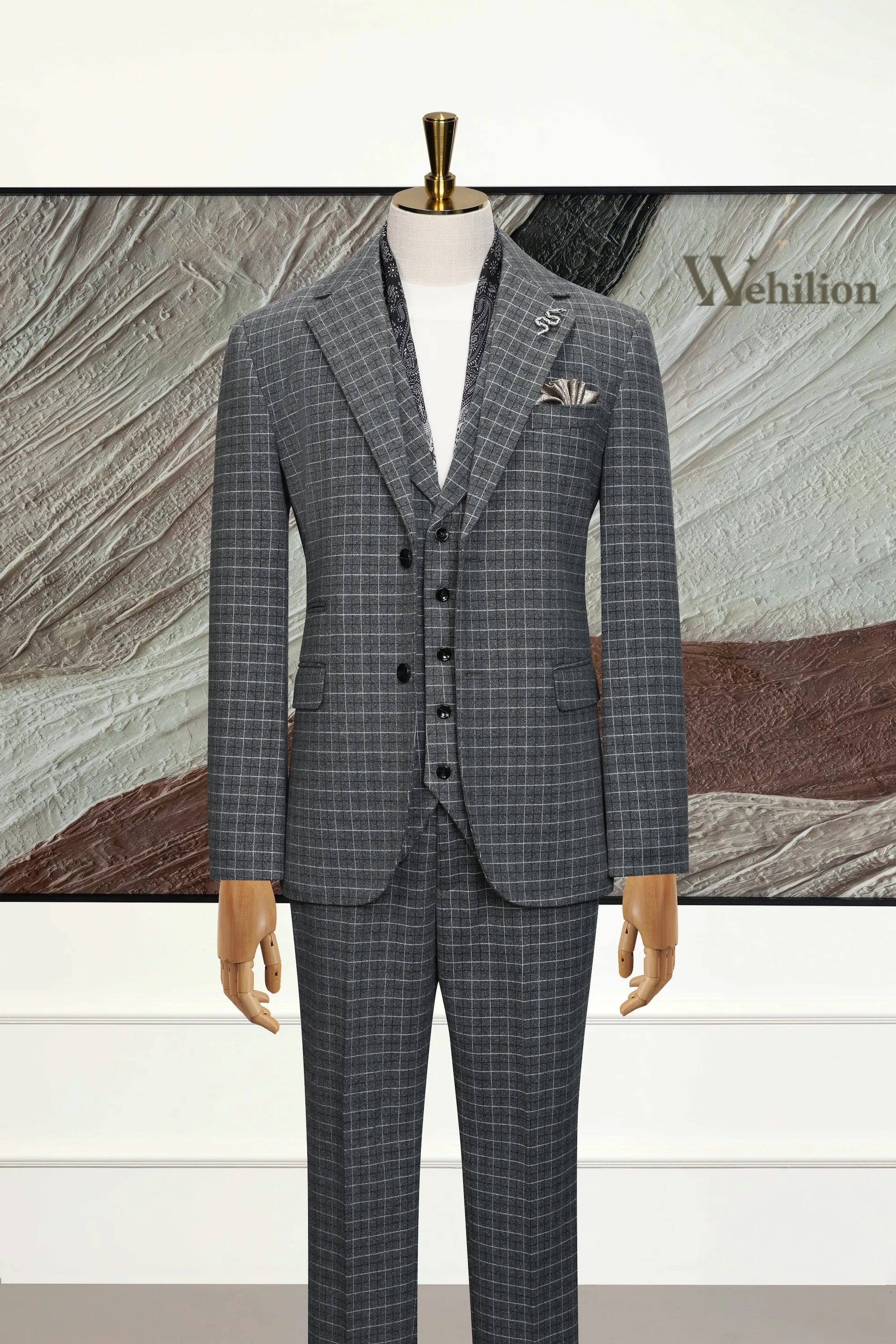 Men's Charcoal Grey Herringbone 3 Piece Suits