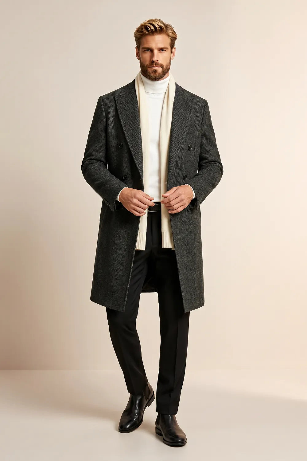 Men's Charcoal Peak Lapel Double-Breasted Overcoat