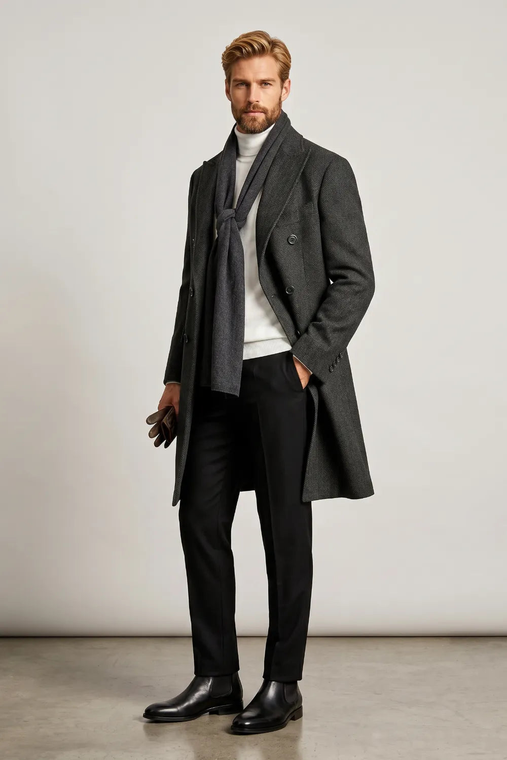 Men's Charcoal Peak Lapel Double-Breasted Overcoat