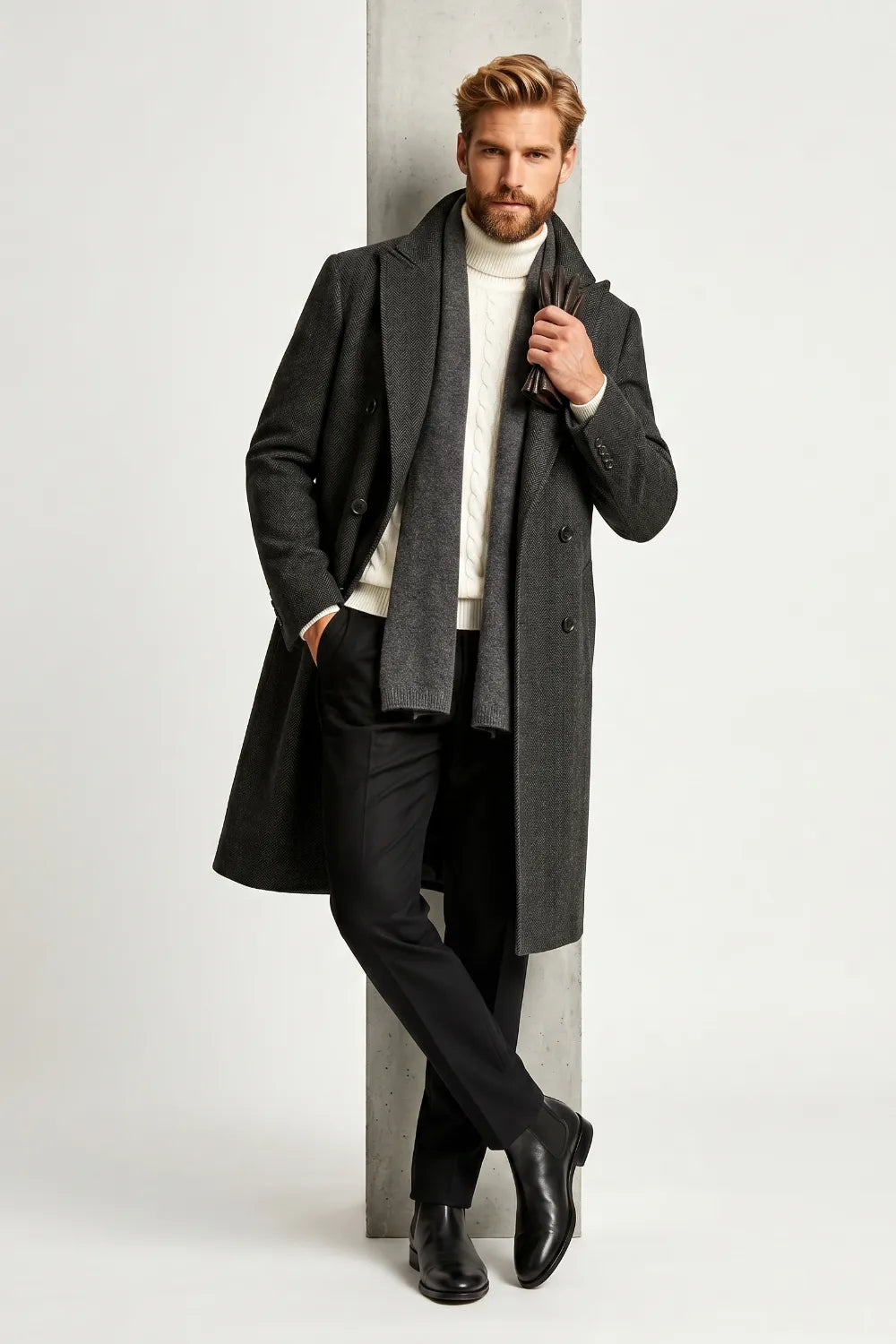 Men's Charcoal Peak Lapel Double-Breasted Overcoat