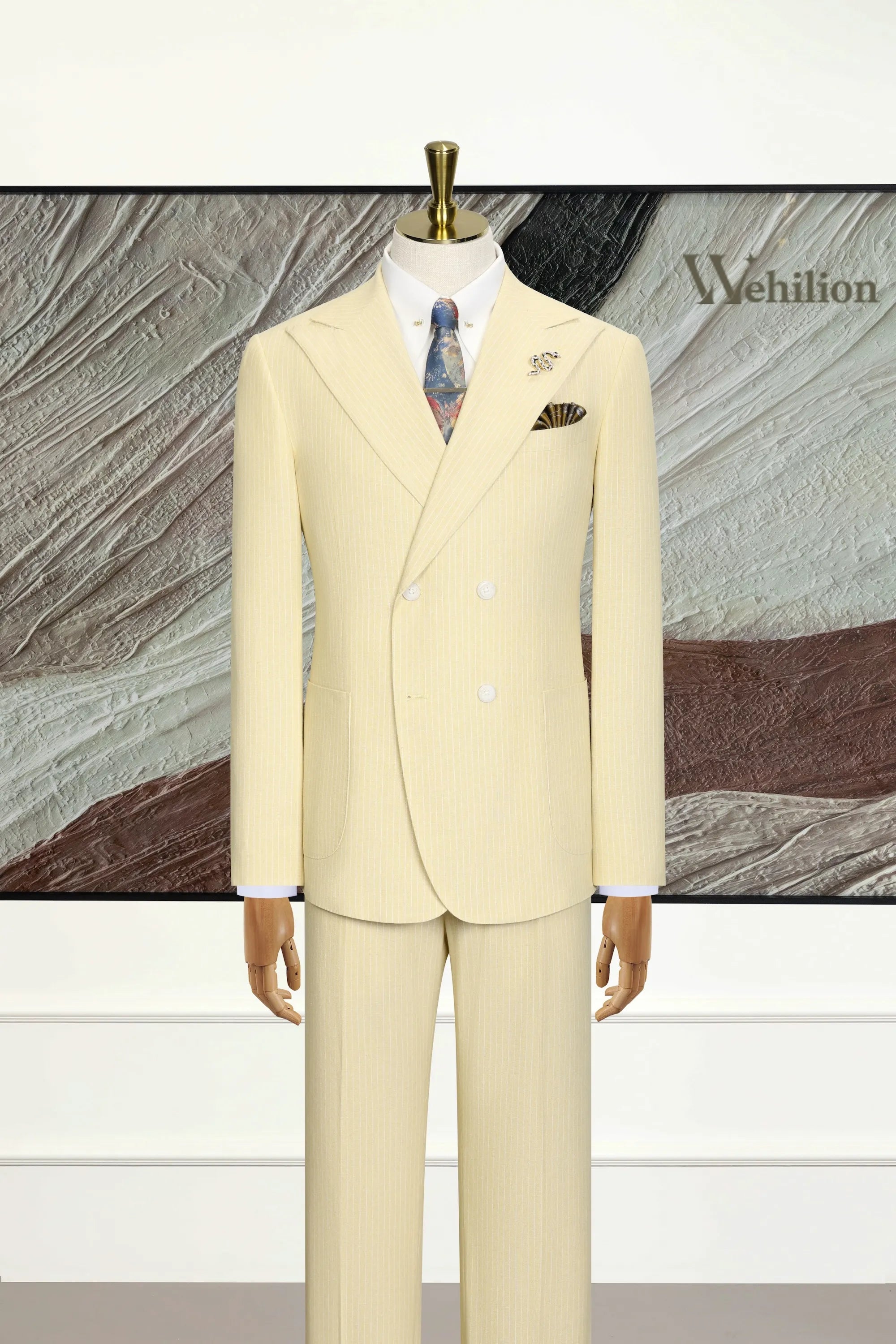 Men's Light Yellow Striped Linen 3 Piece Suits