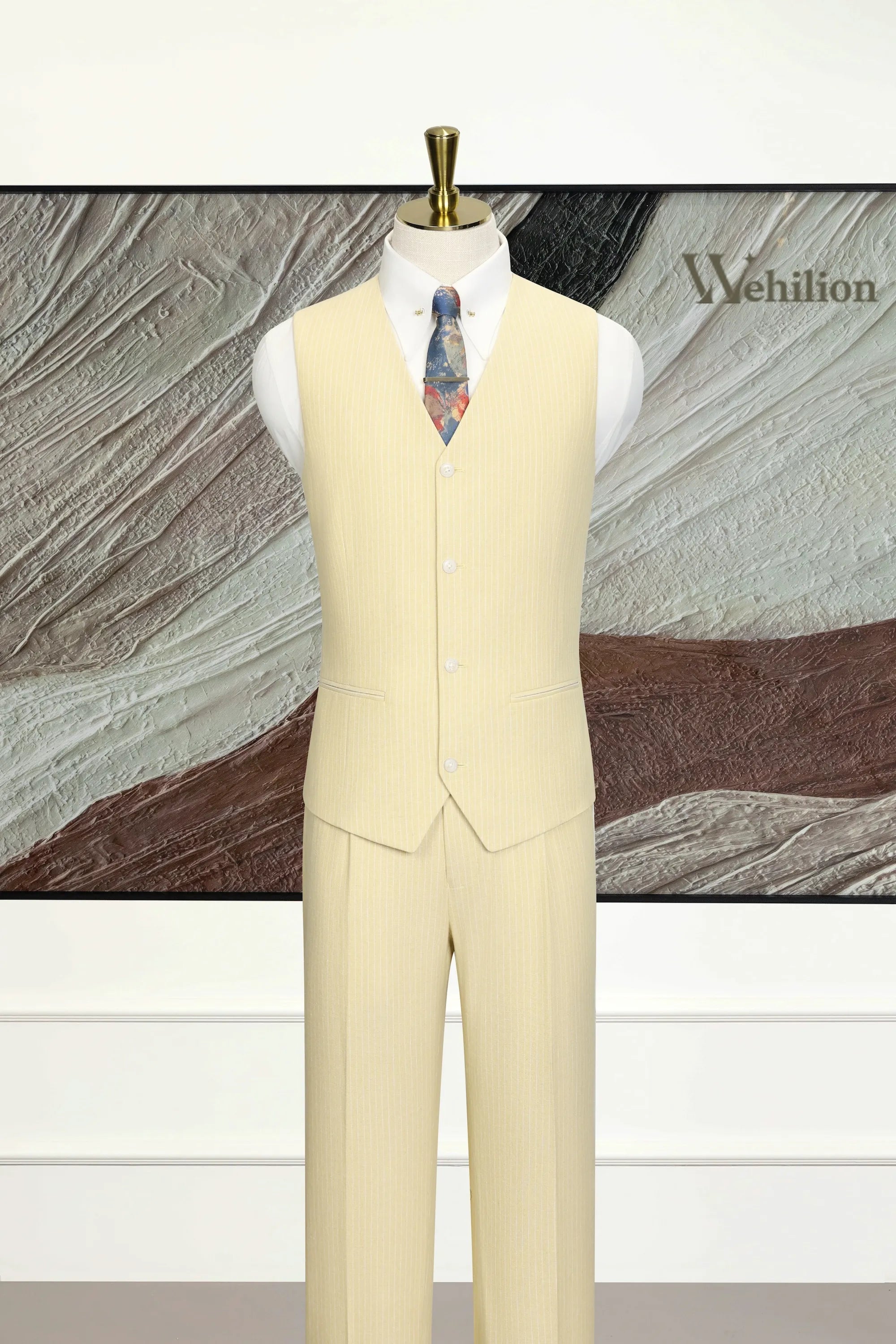 Men's Light Yellow Striped Linen 3 Piece Suits