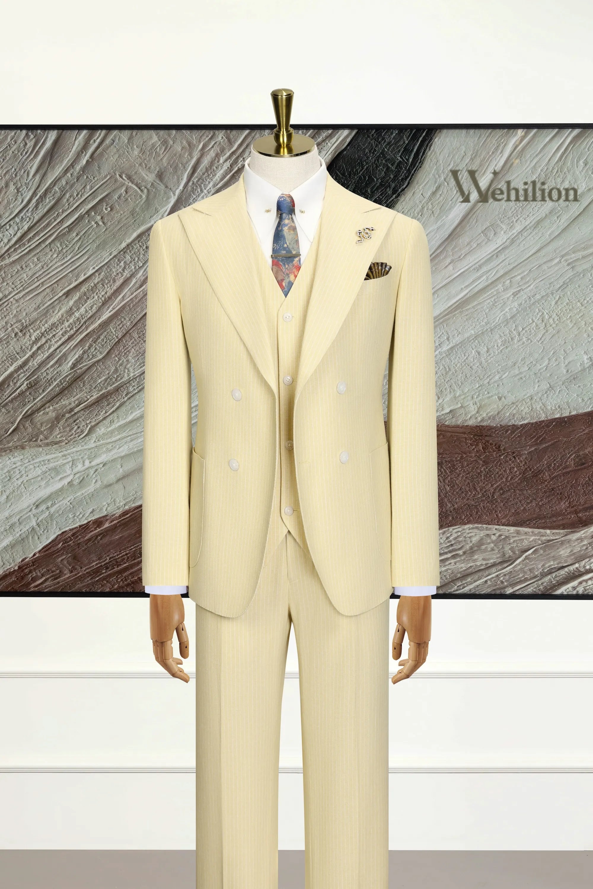 Men's Light Yellow Striped Linen 3 Piece Suits