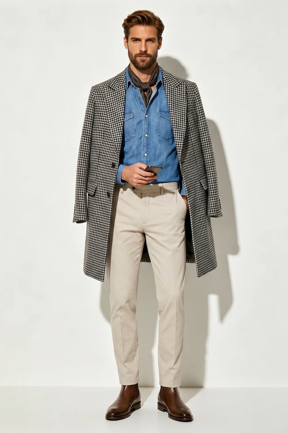 Men's Classic Houndstooth Single-Breasted Overcoat