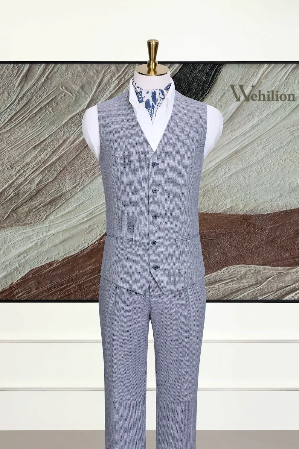 Men's Timeless Wool Blend Herringbone 3 Piece Suit