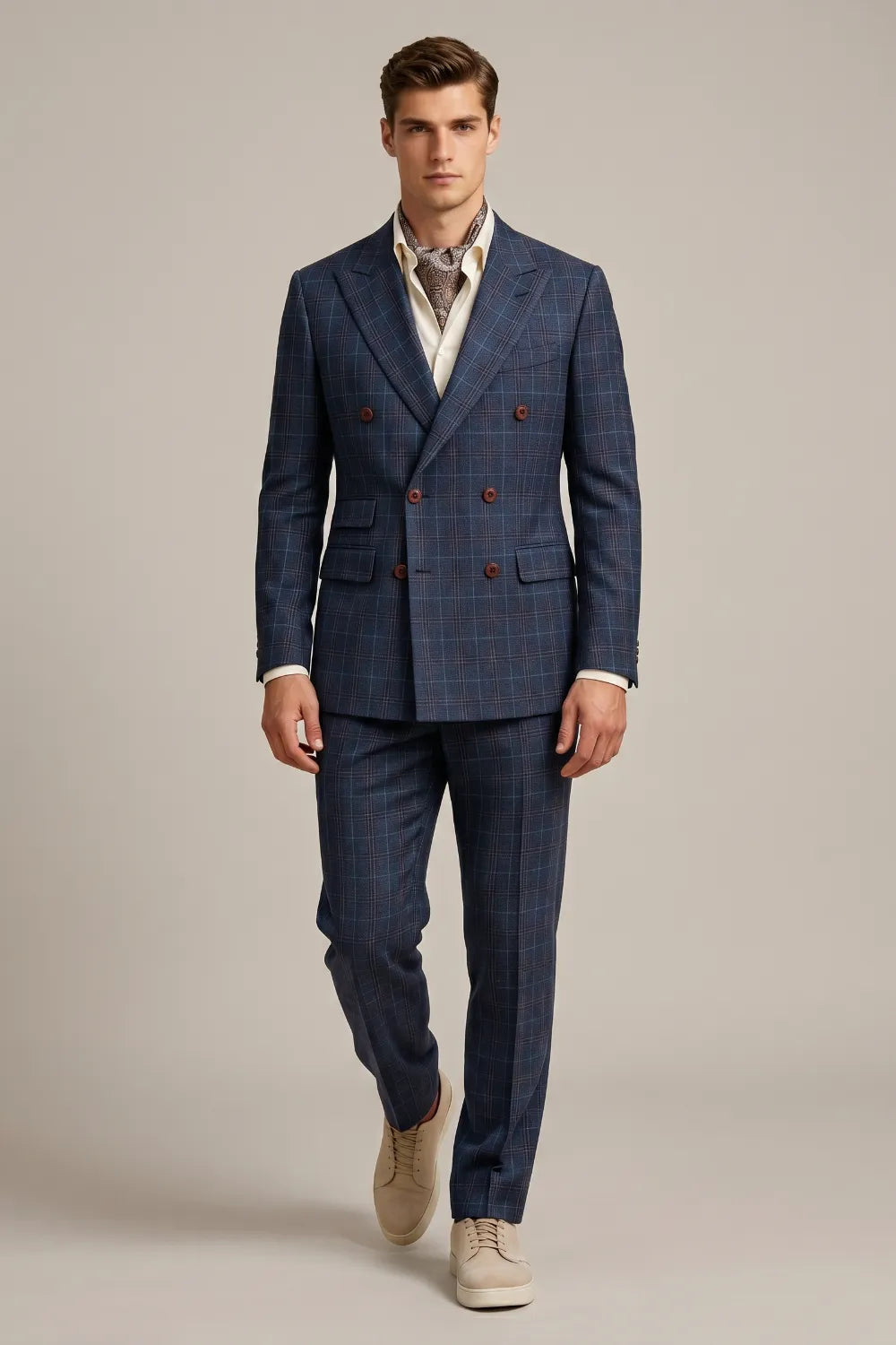 Men's Blue Windowpane Double Breasted 2-Piece Suit