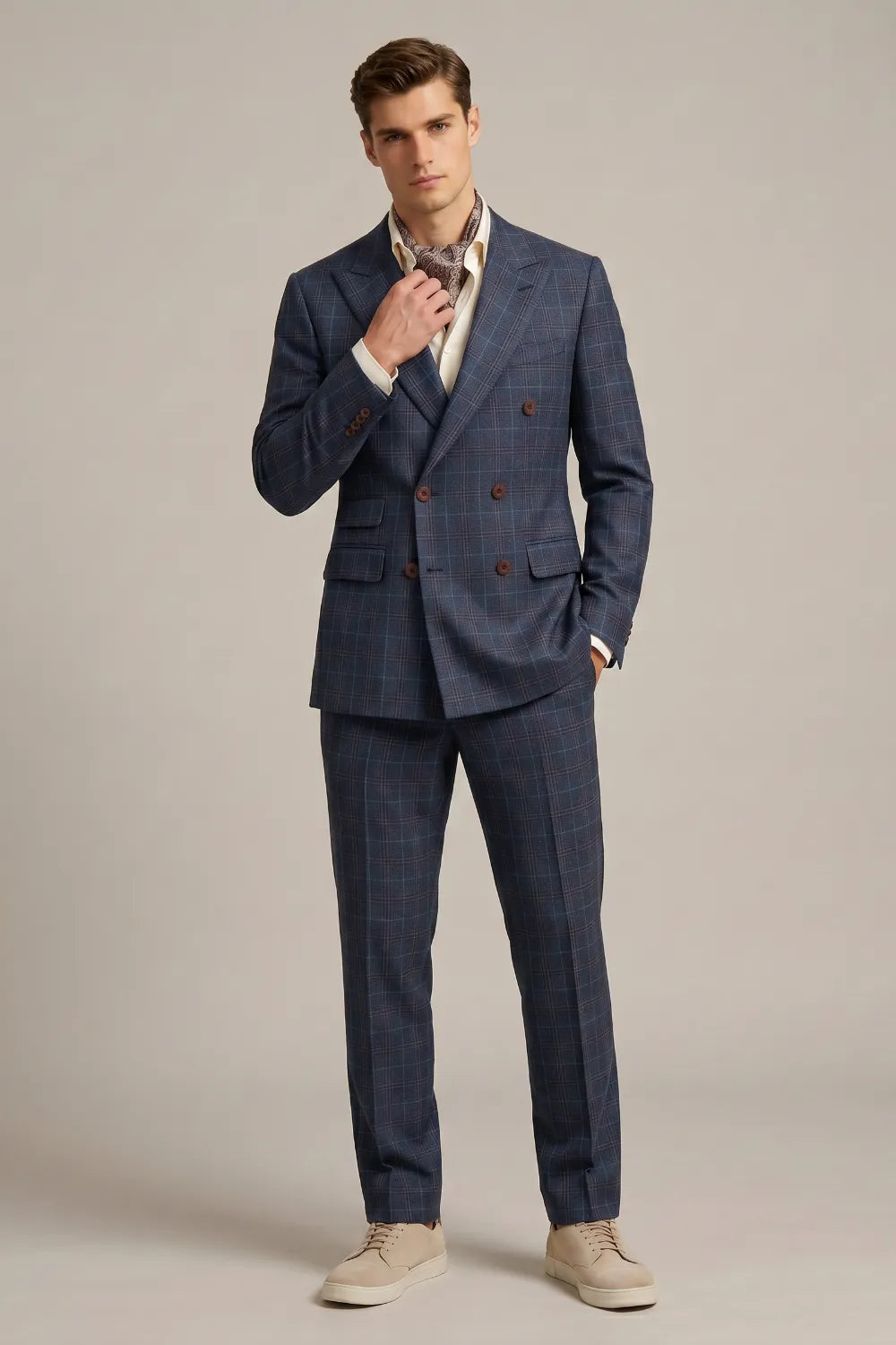 Men's Blue Windowpane Double Breasted 2-Piece Suit