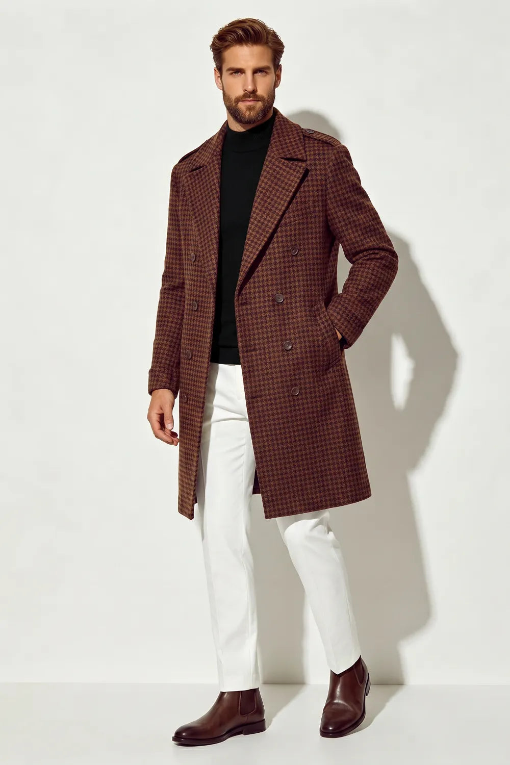 Men's Houndstooth Double-Breasted Long Overcoat