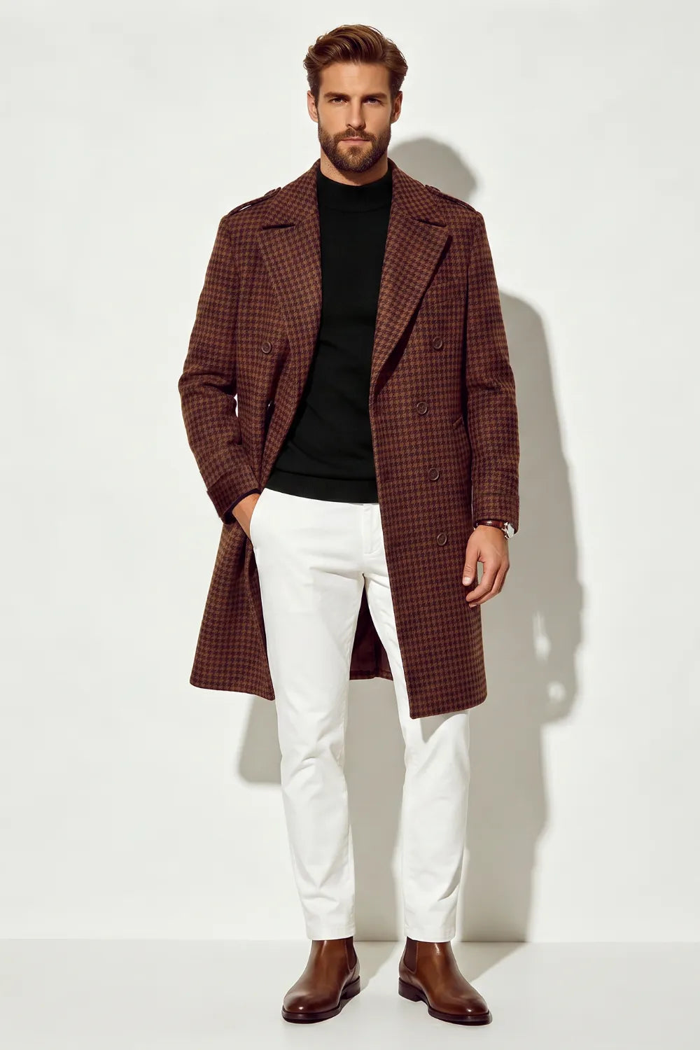 Men's Houndstooth Double-Breasted Long Overcoat