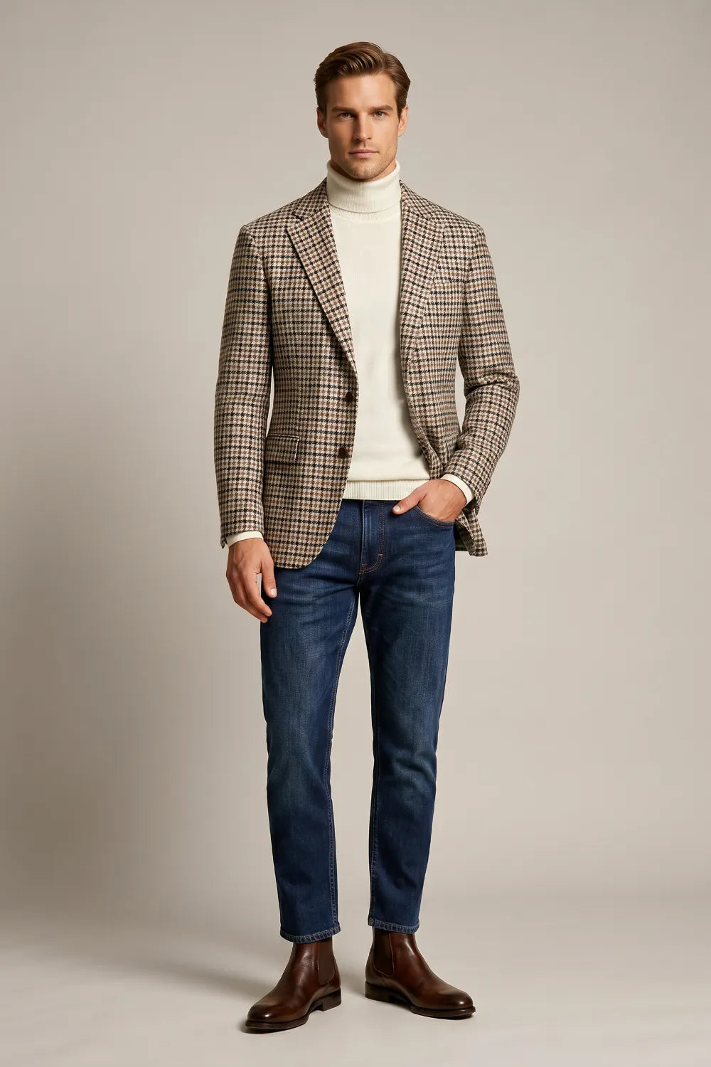 Men's Camel Houndstooth Tweed Blazer
