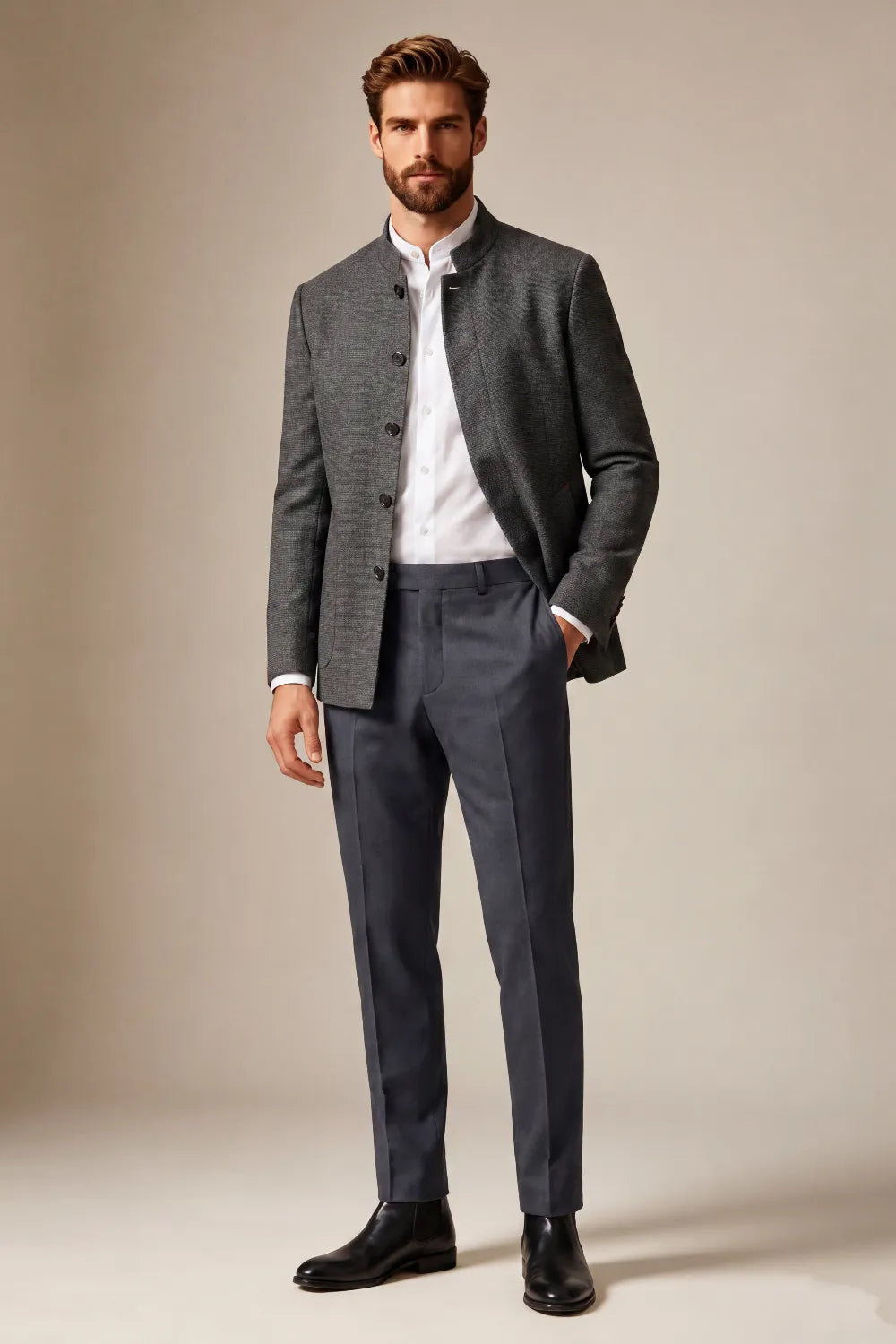 Men's Charcoal Grey Textured Mandarin Collar 2 Piece Suit