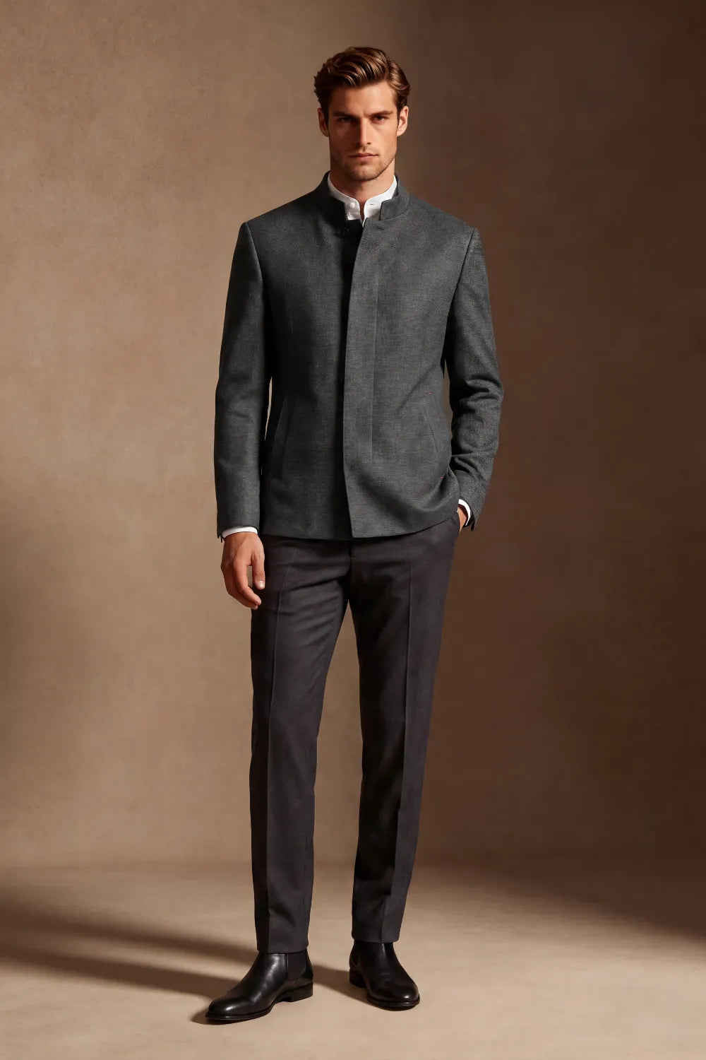 Men's Charcoal Grey Textured Mandarin Collar 2 Piece Suit