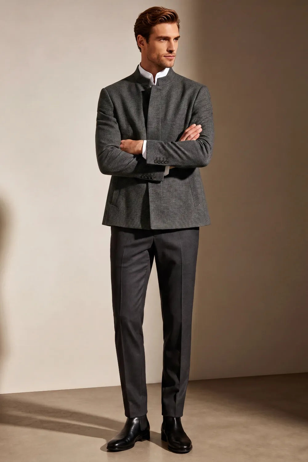 Men's Charcoal Grey Textured Mandarin Collar 2 Piece Suit