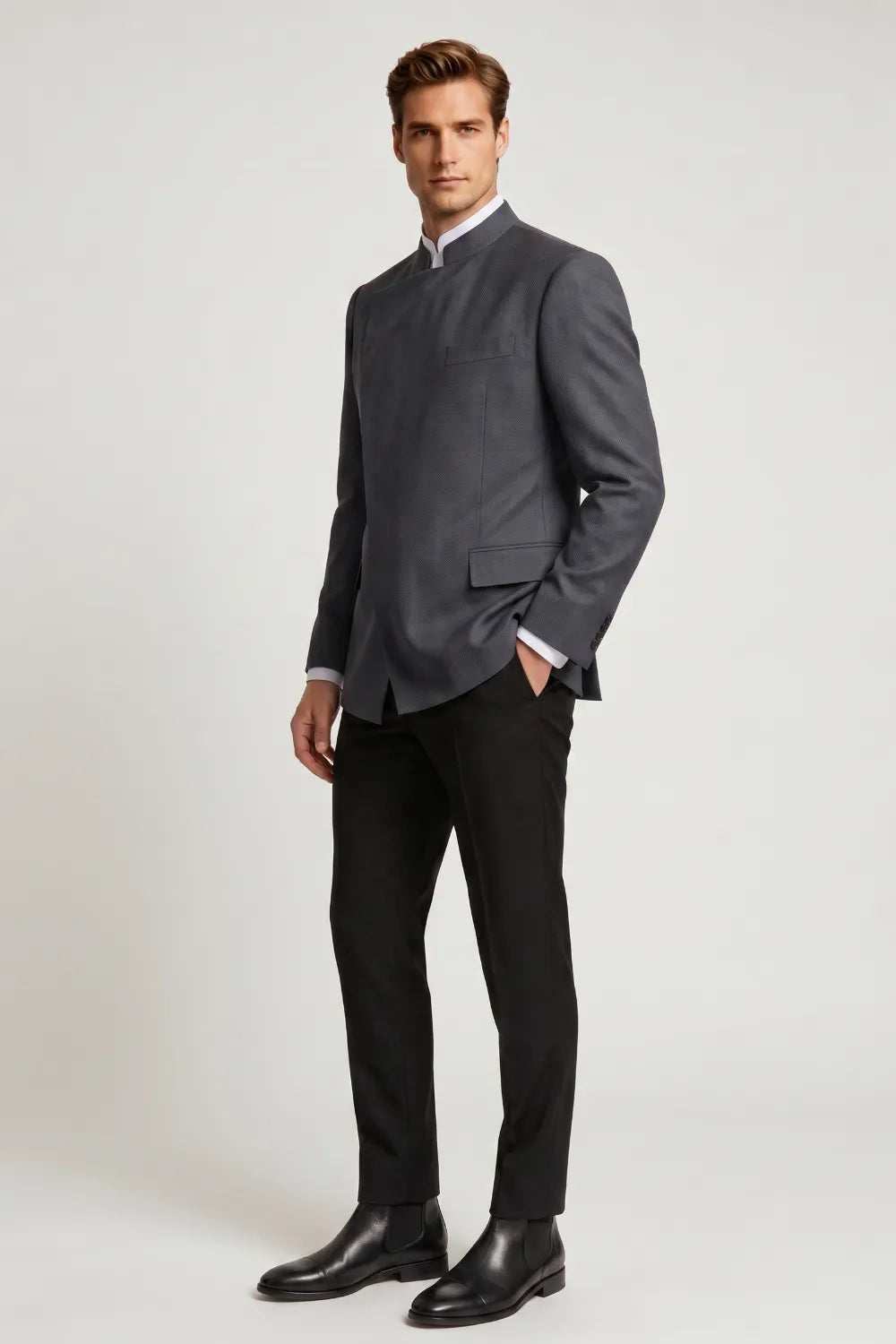 Men's Charcoal Grey Mandarin Collar 2-Piece Suit