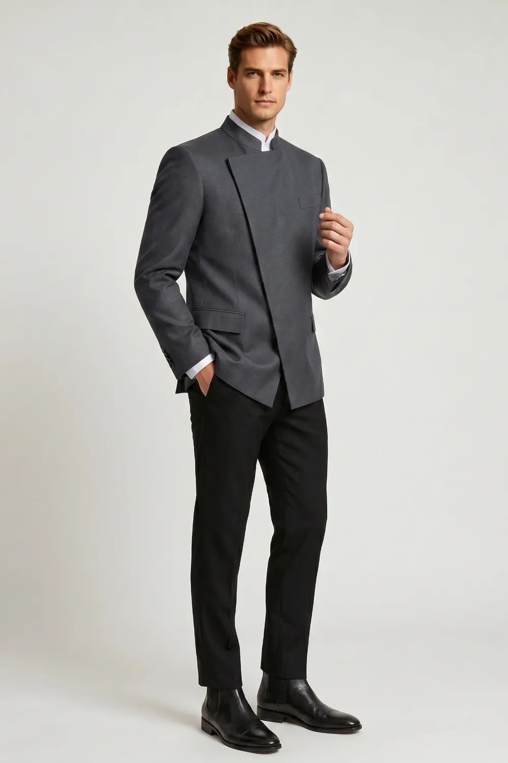 Men's Charcoal Grey Mandarin Collar 2-Piece Suit