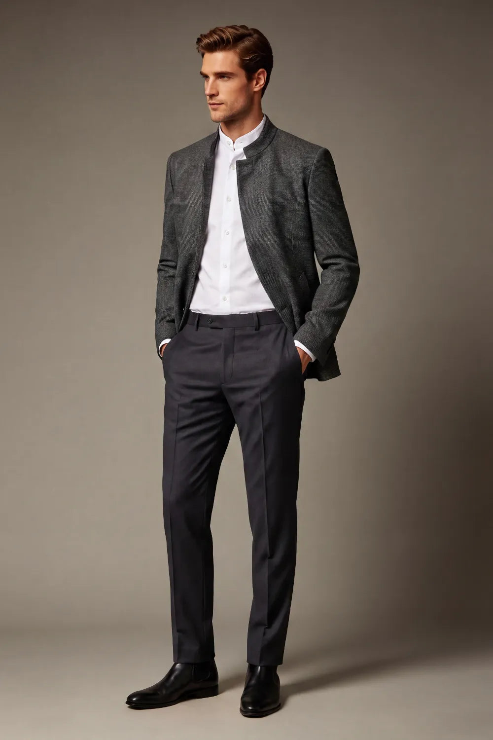 Men's Charcoal Grey Textured Mandarin Collar 2 Piece Suit