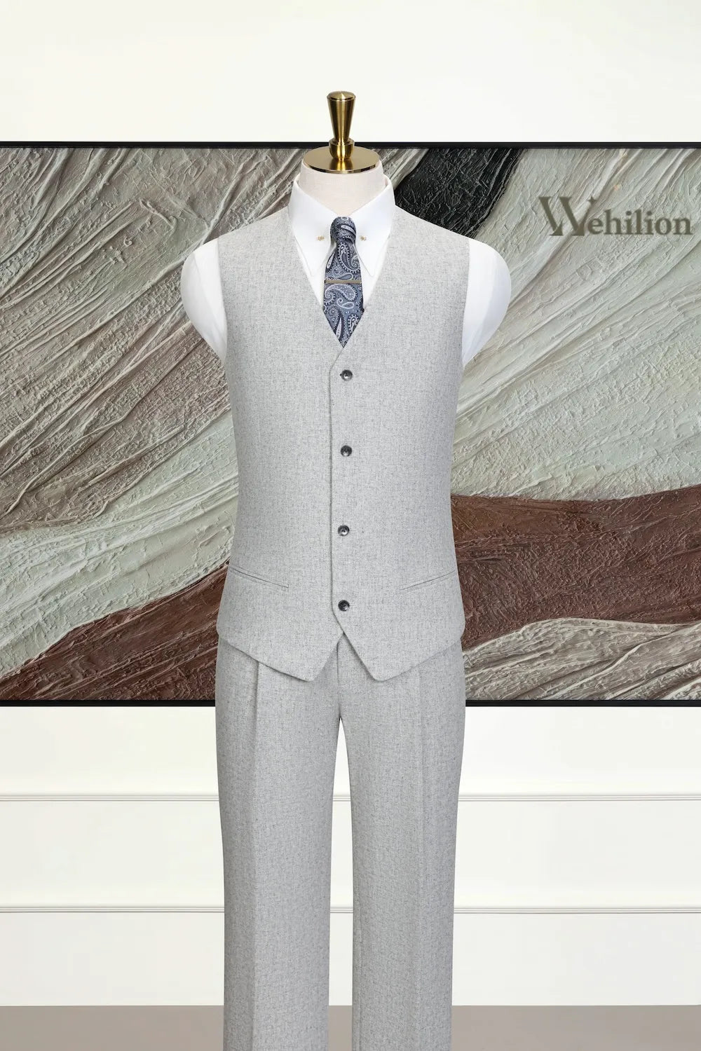 Men's Grey Classic Wool Herringbone 3 Piece Suit