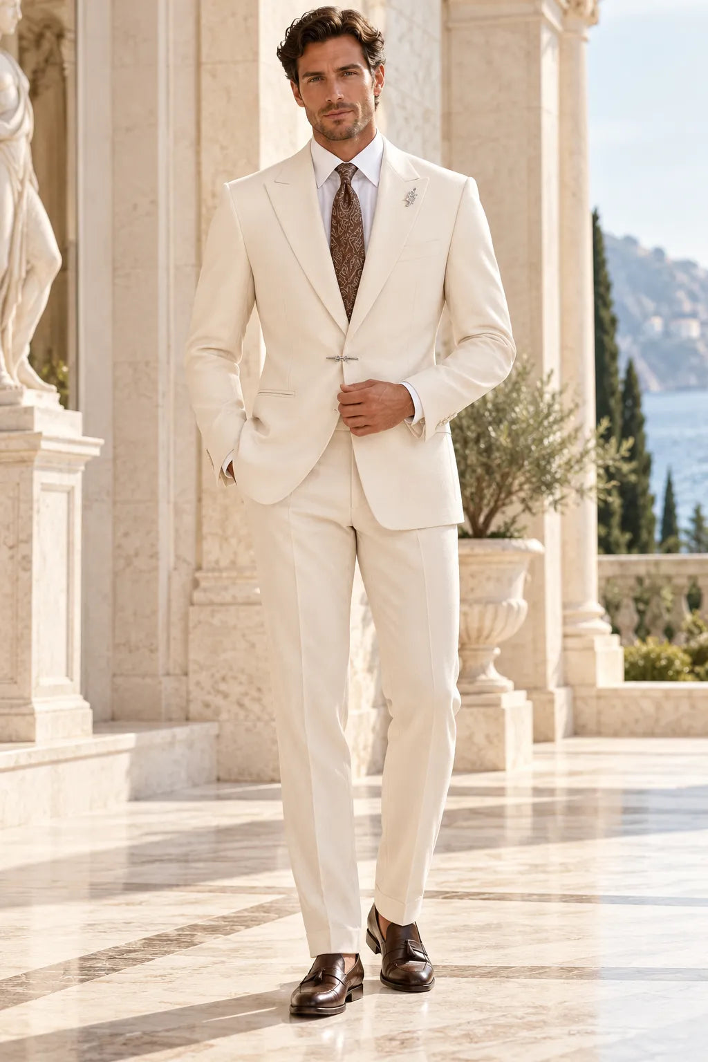 Men's Ivory Tencel Linen Wedding 2 Piece Suits