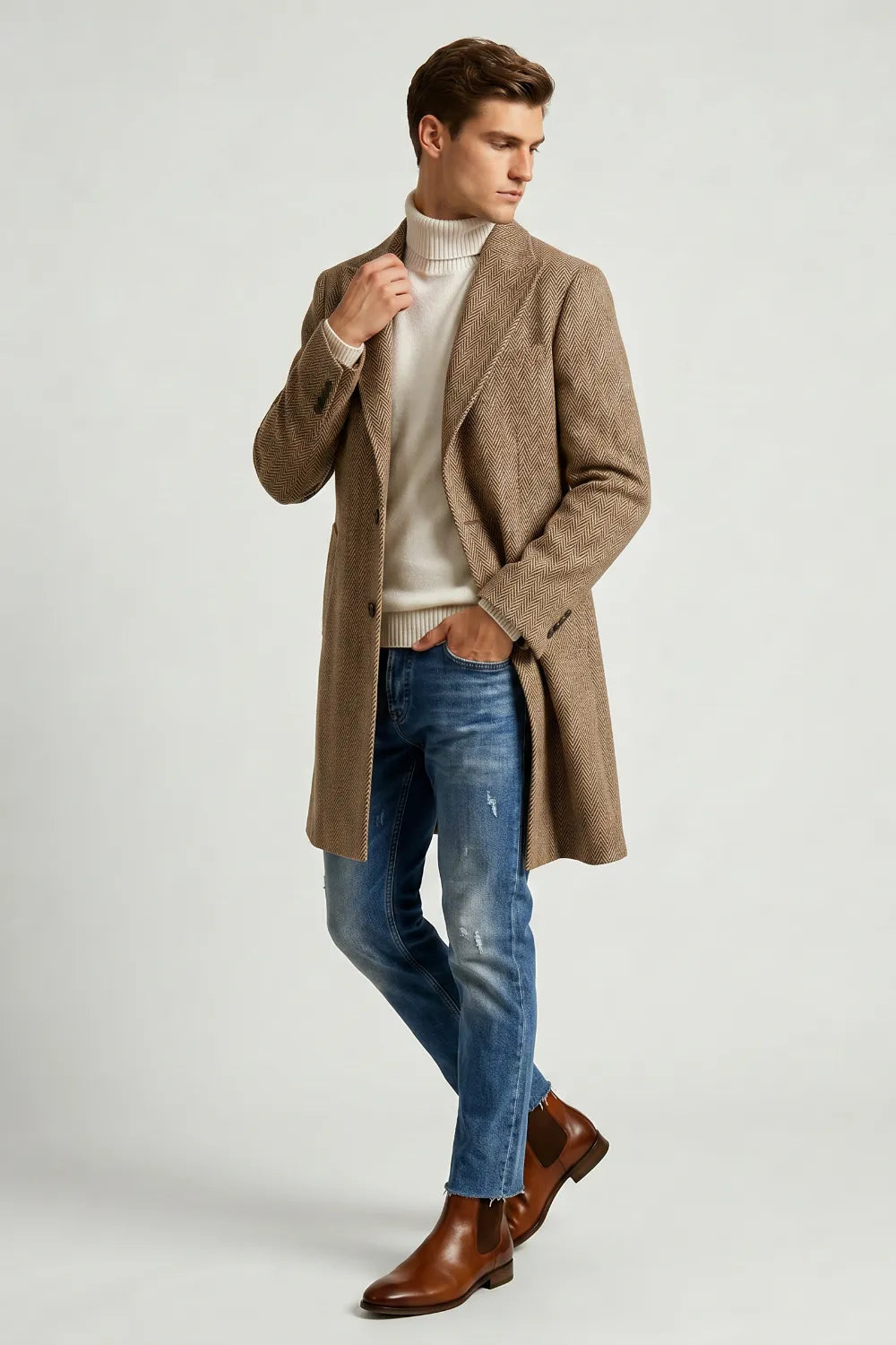 Men's Khaki Herringbone Wool Blend Overcoat