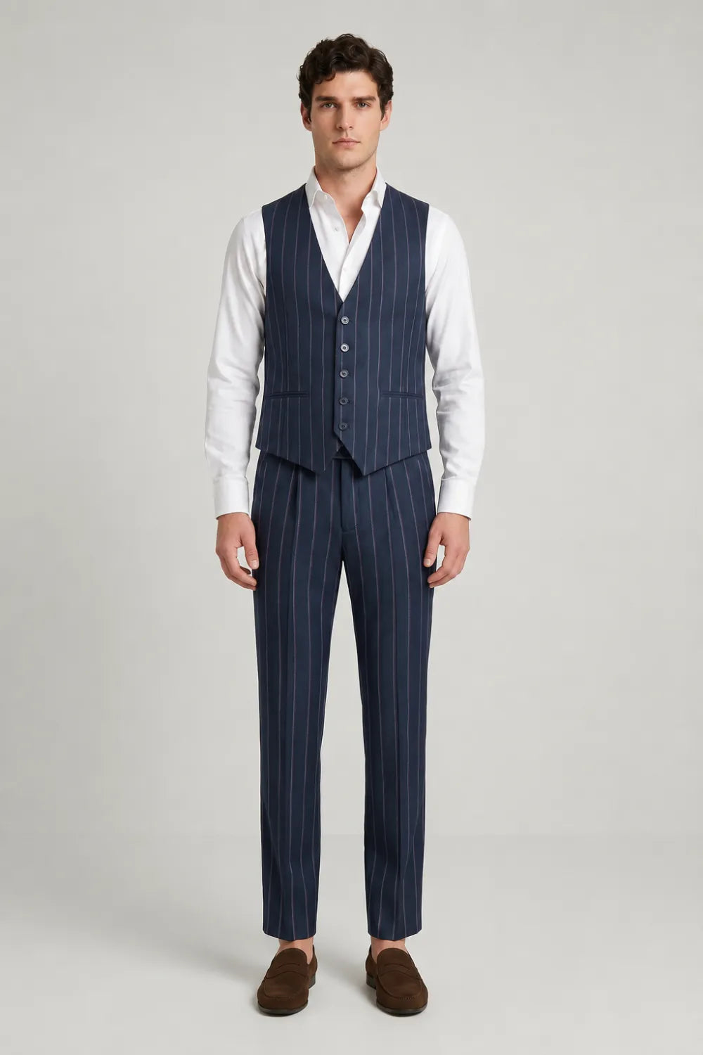 Men's Navy Pinstripe Double Breasted 3 Piece Suit