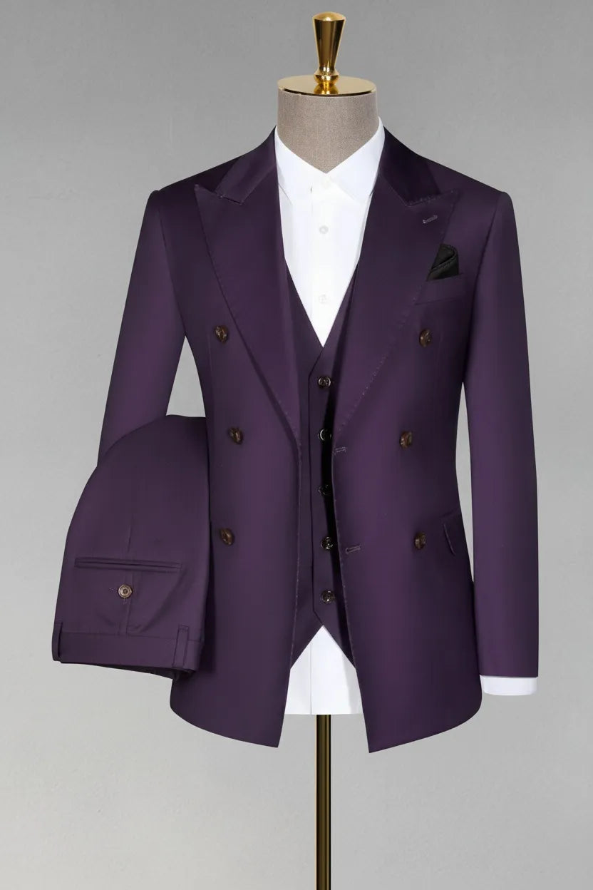 Men's Modern Purple Double Breasted 3 Piece Suit