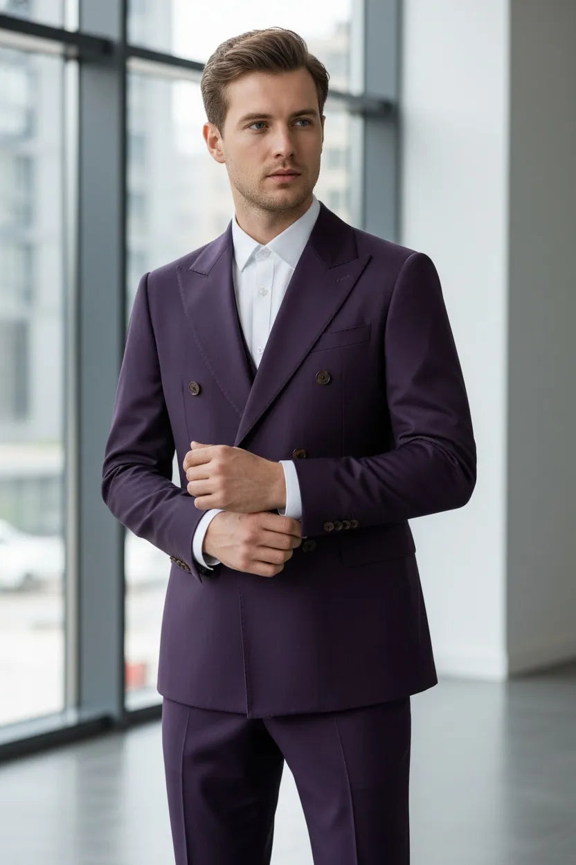 Men's Modern Purple Double Breasted 3 Piece Suit