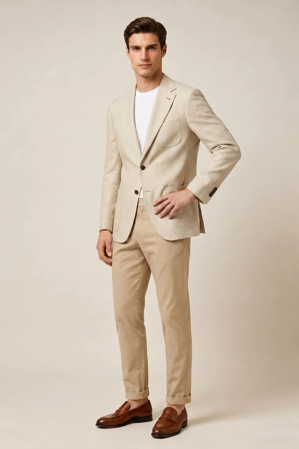 Men's Beige Notch Lapel Linen Blend 2 Piece Suit