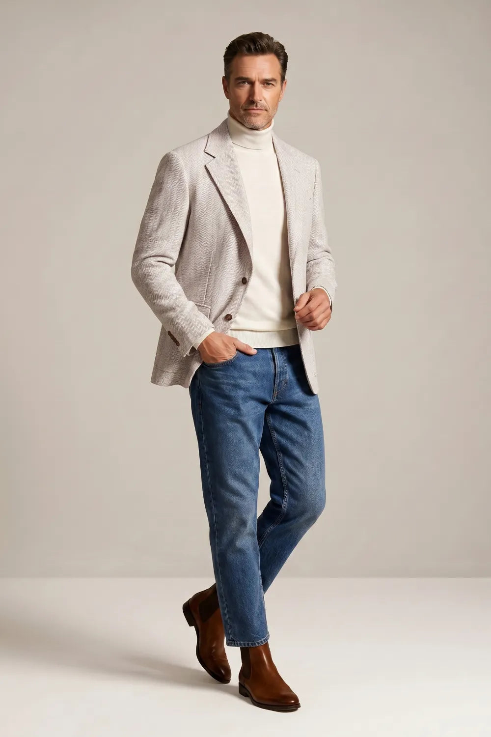 Men's Light Grey Herringbone Wool Blend Two Button Blazer