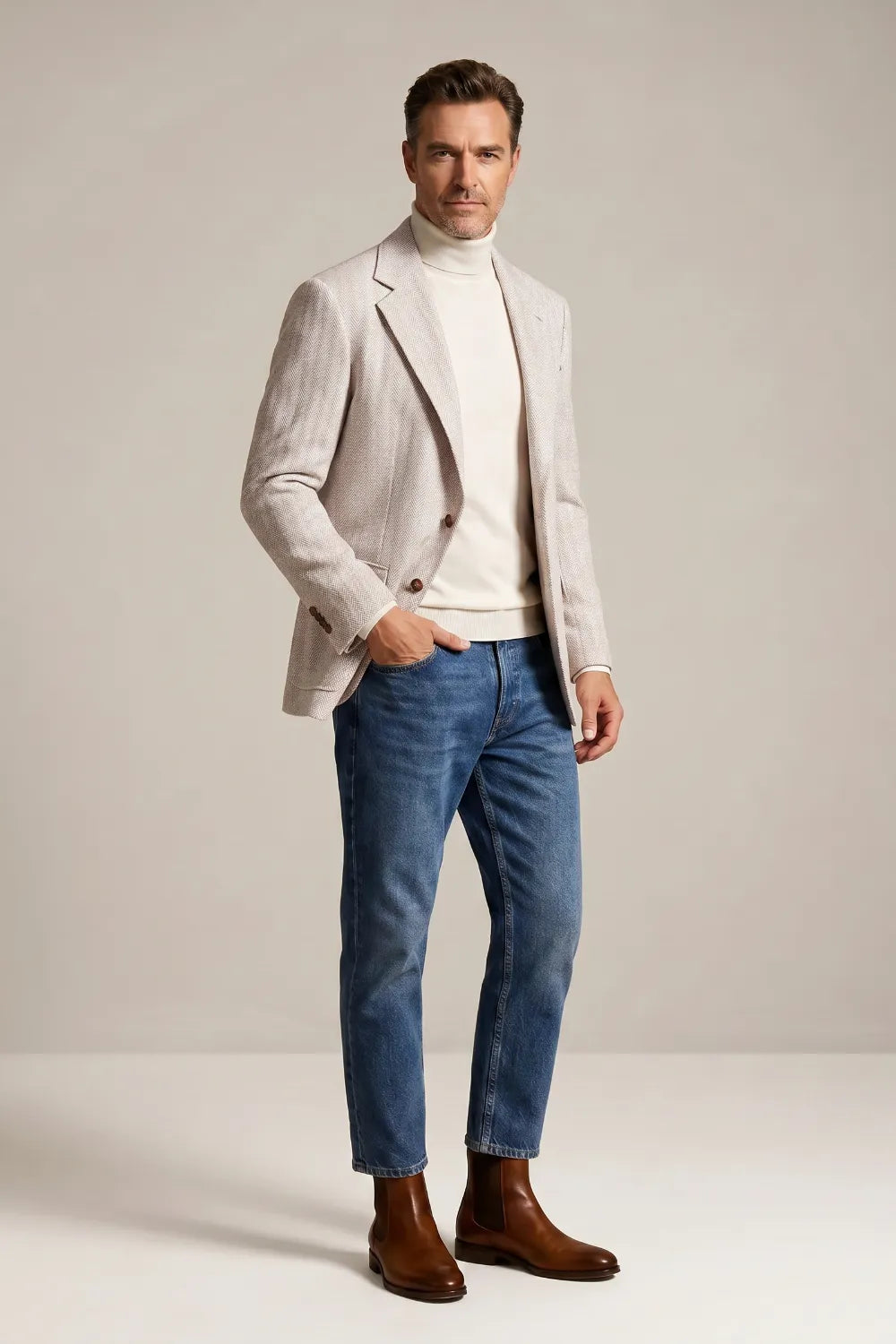 Men's Light Grey Herringbone Wool Blend Two Button Blazer