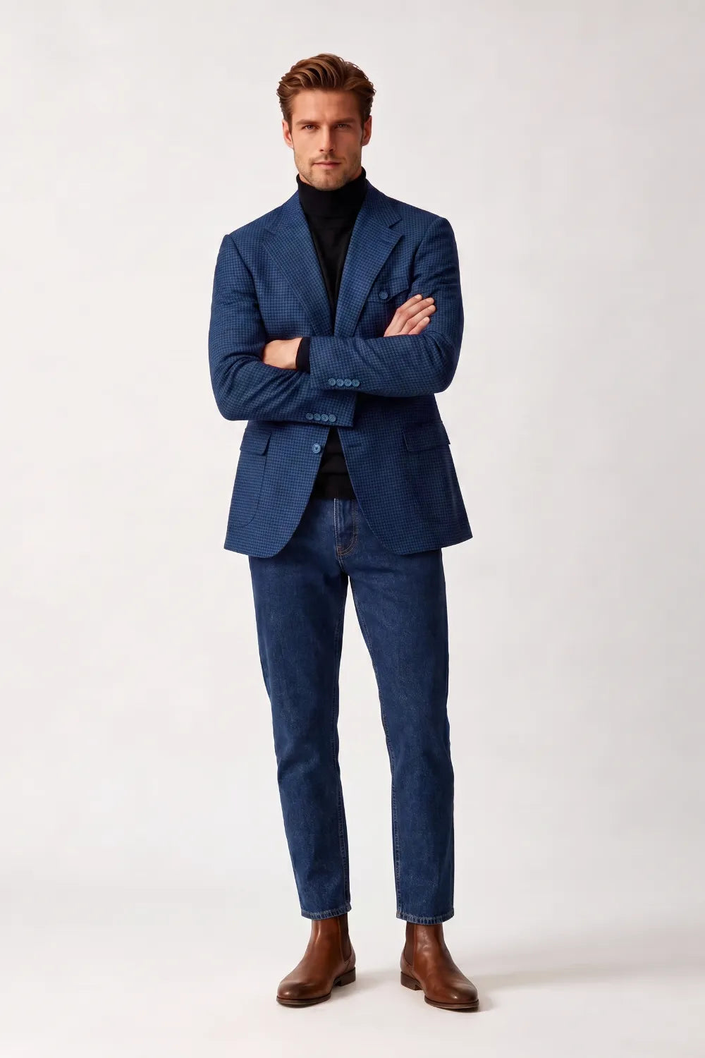 Men's Royal Blue Single Breasted Houndstooth Blazer